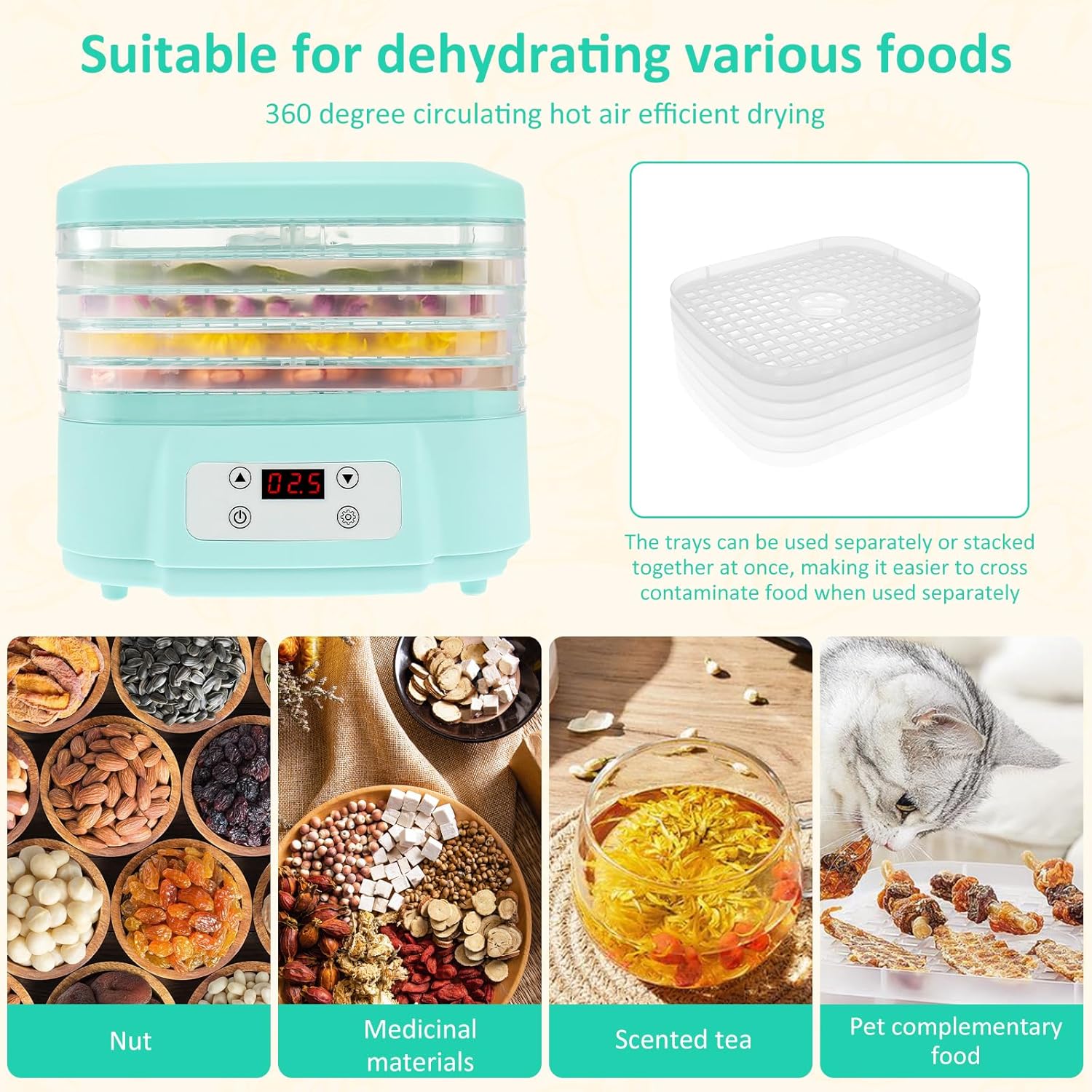 Fyrome 6-Layer Food Dehydrator with individual trays shown separately.
