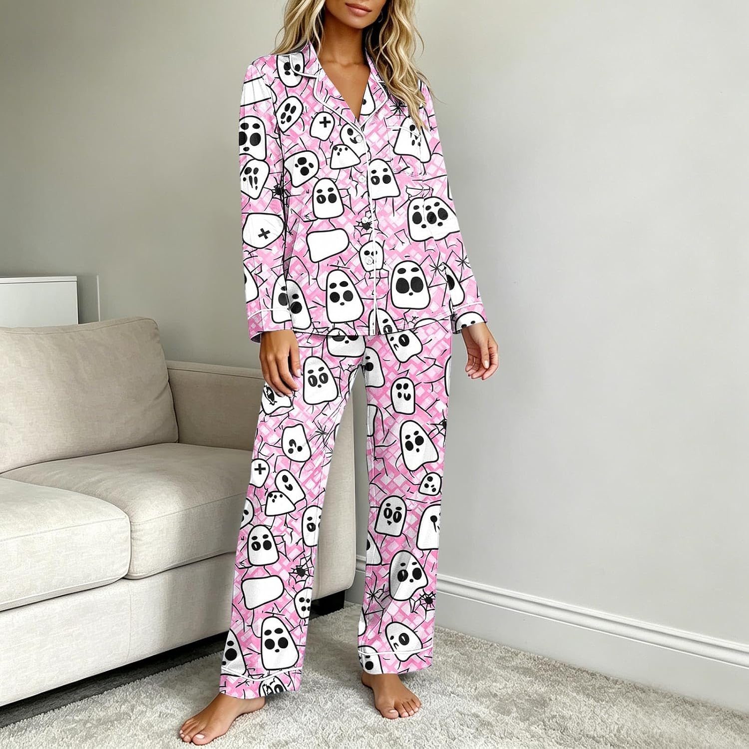 Cute Pajama Sets for Women Two Piece Button Down Pjs Lounge Set Sleepwear | Comfortable Button Down Pajama Set, Lightweight Lounge Sets, Halloween Print Pajamas Loungewear, Fall Winter Night Sleep