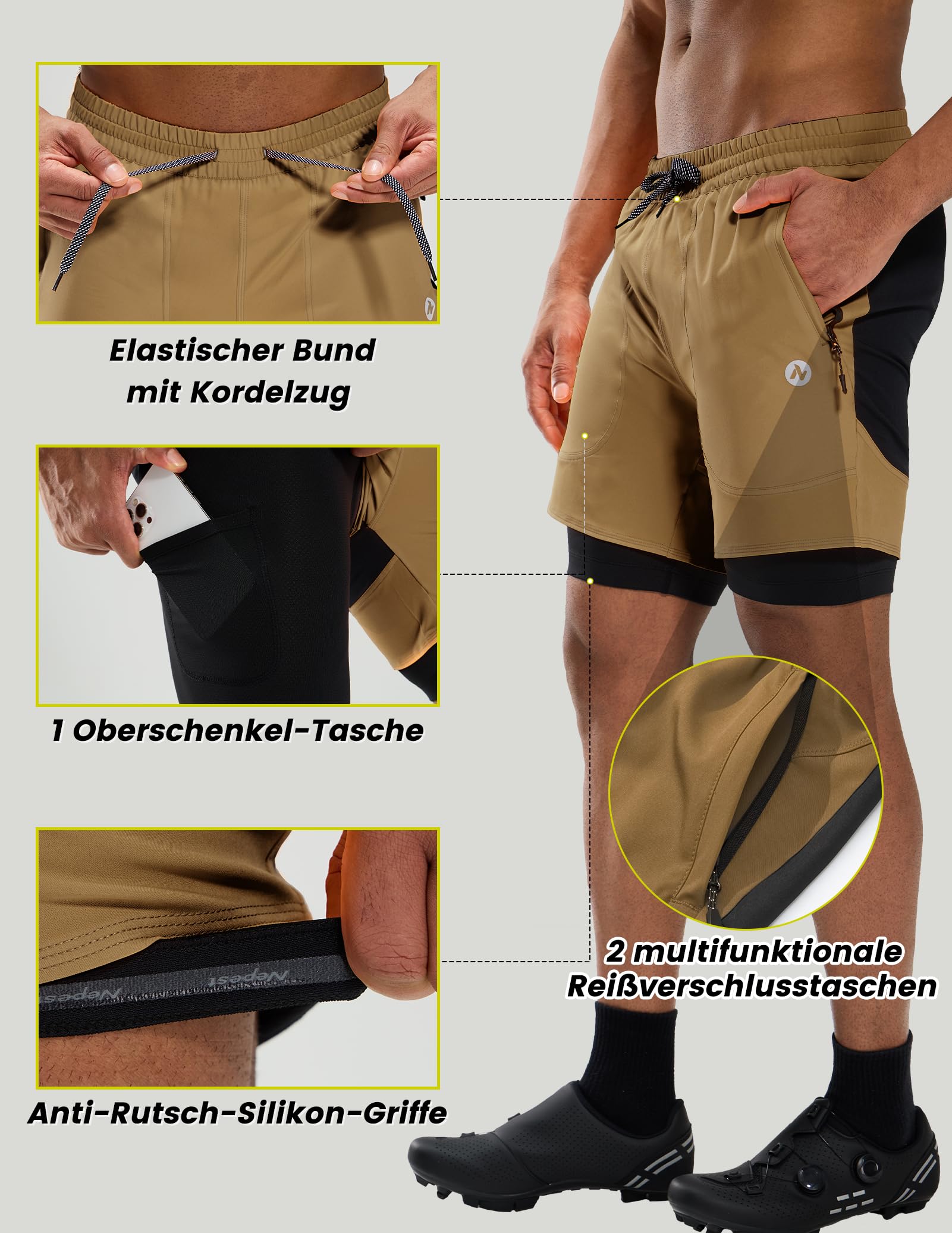 Nepest Pantaloni corti da mountain bike, da uomo, imbottiti, 4D, con chiusura lampo, per bici