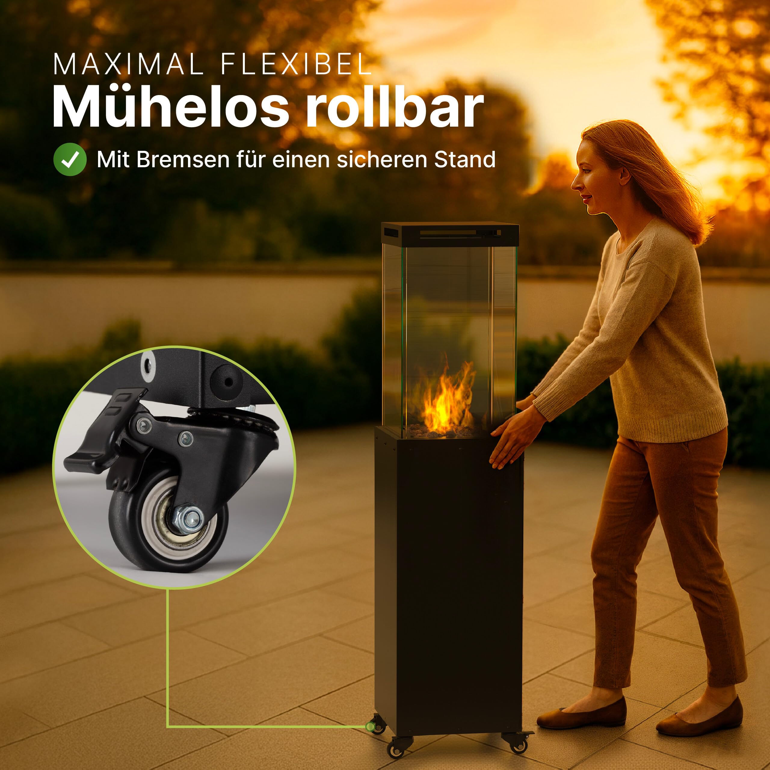 Gartenzeit Chauffage de terrasse à gaz avec cylindre en verre - Dimensions : 36 × 36 × 140,5 cm - 8 kW - Chauffage à gaz pour terrasse et jardin - Parasol chauffant avec protection anti-basculement et