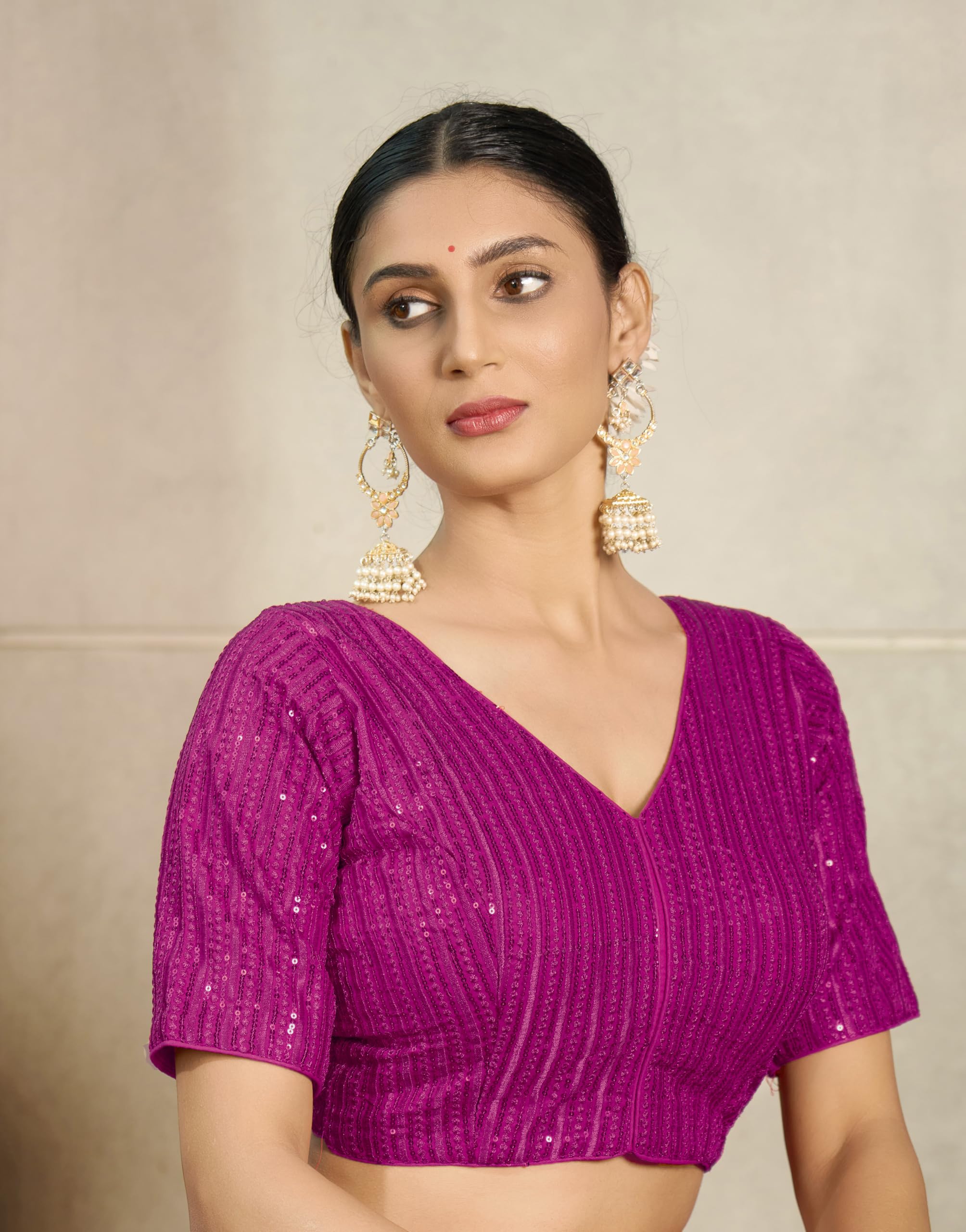 Vihu Fashion Women's Indian Ethnic Wear Designer Silver Sequence With Matching Embroidered Work V Neck Half Sleeve Readymade Padded Saree Blouse Readymade Unique Pink Color Saree Blouse