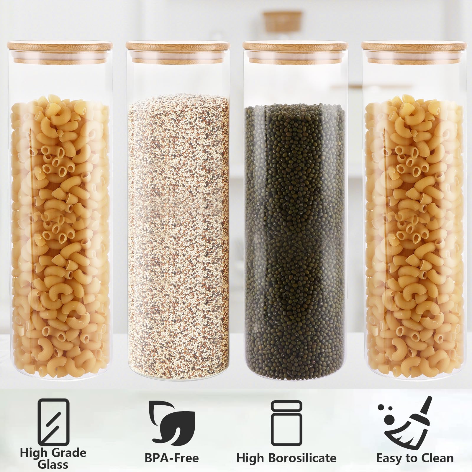 4 tarros de vidrio de 2 L, 10 x 300 mm con tapas de bambú, tarros de almacenamiento de cocina con tapas herméticas, recipientes redondos de almacenamiento de vidrio para frascos de especias,