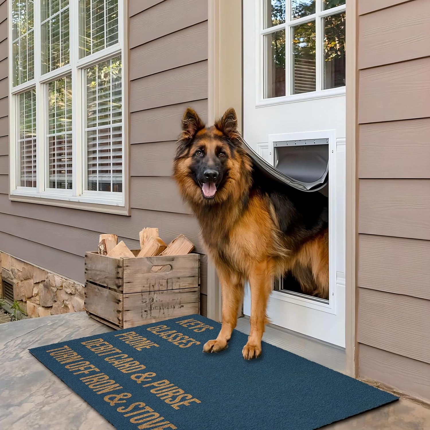 Jec&Smis Door Mat Keys Glasses Phone Debit Card & Purse Turn Off Iron & Stove Welcome Mats for Front Indoor Outdoor Dooormats Non Slip Bathroom Balcony Coir Fabric 30-Inch by 18-Inch, Dark-Blue