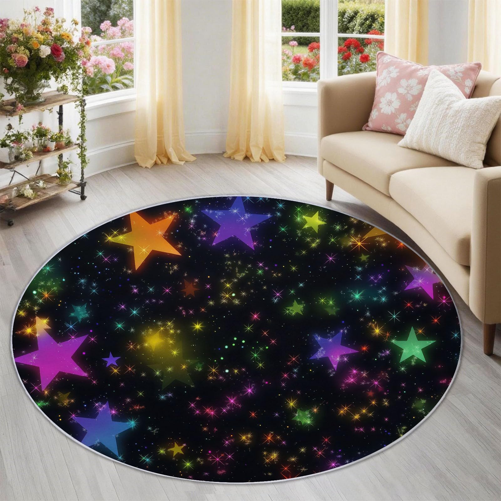 Tapis Rond pour Chambre Enfant, Tapis Rond Galaxie Fantaisie pour Garçons Filles Design Ciel Nocturne Étoilé Dégradé, Lavable et Antidérapant pour Espace de Jeu, Multicolore Dimension:100 cm