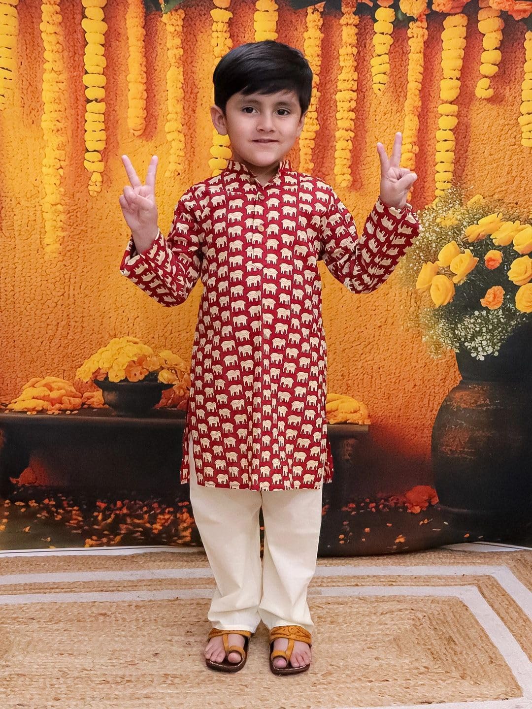 BownBee Pure Cotton Full Sleeve Hathi Print Kurta Pajama for Boys
