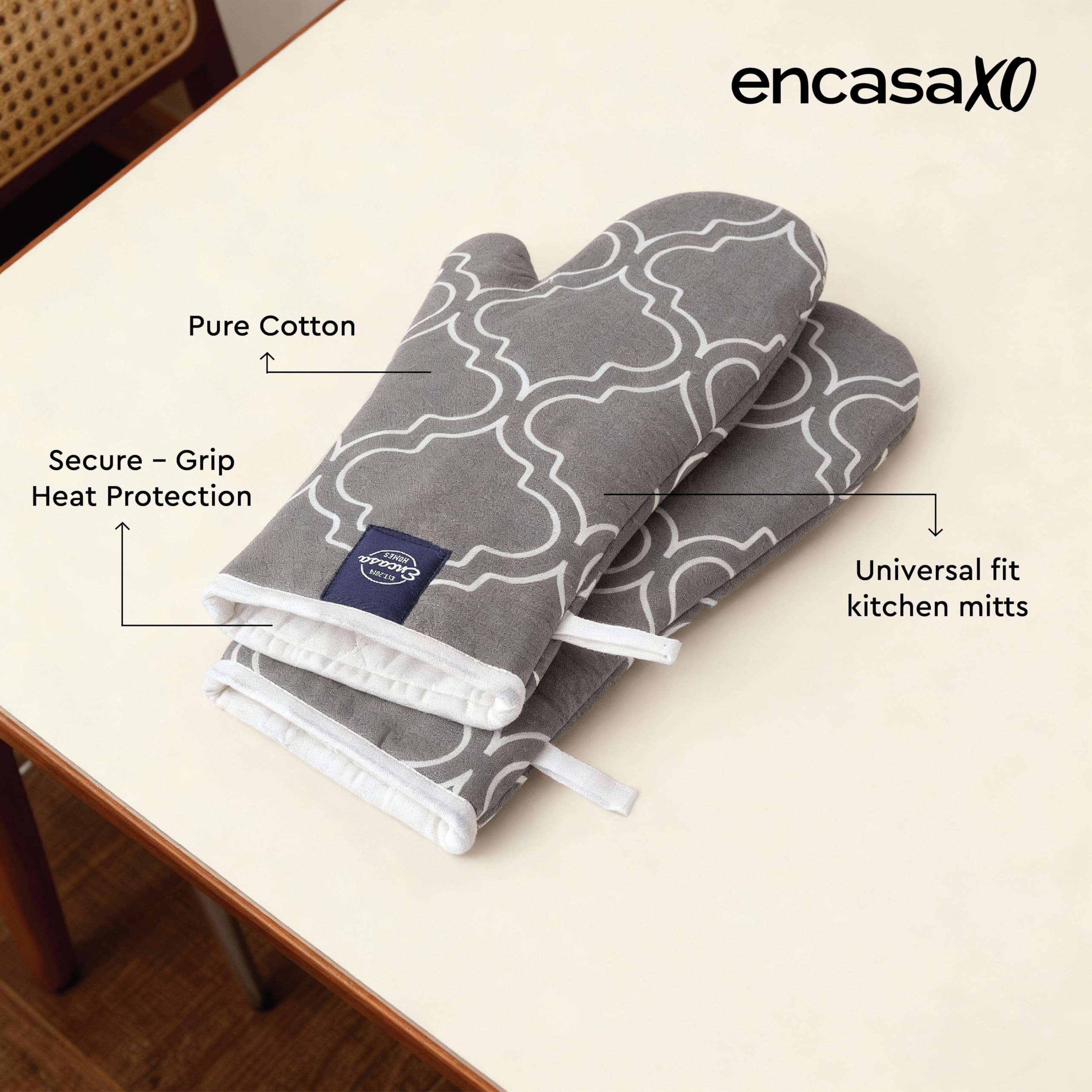 Encasa XO Guantes extralargos de 18 x 30 cm para microondas (2 unidades) para cocina - Gris enrejado - Resistente al calor, gruesos y seguros, protección de manos contra utensilios calientes, llama de