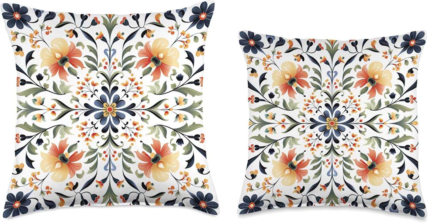 Traditional Norwegian Rosemaling Folk Art Throw Pillow