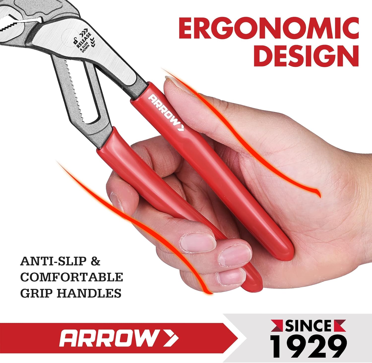 Arrow 3-Piece V-Jaw Groove Joint Pliers Set (8", 10", 12"), Quick Adjustable Water Pump Pliers with 18 Positions, CR-V Steel, for Plumbing, Automotive, Mechanical Repair and Household Use