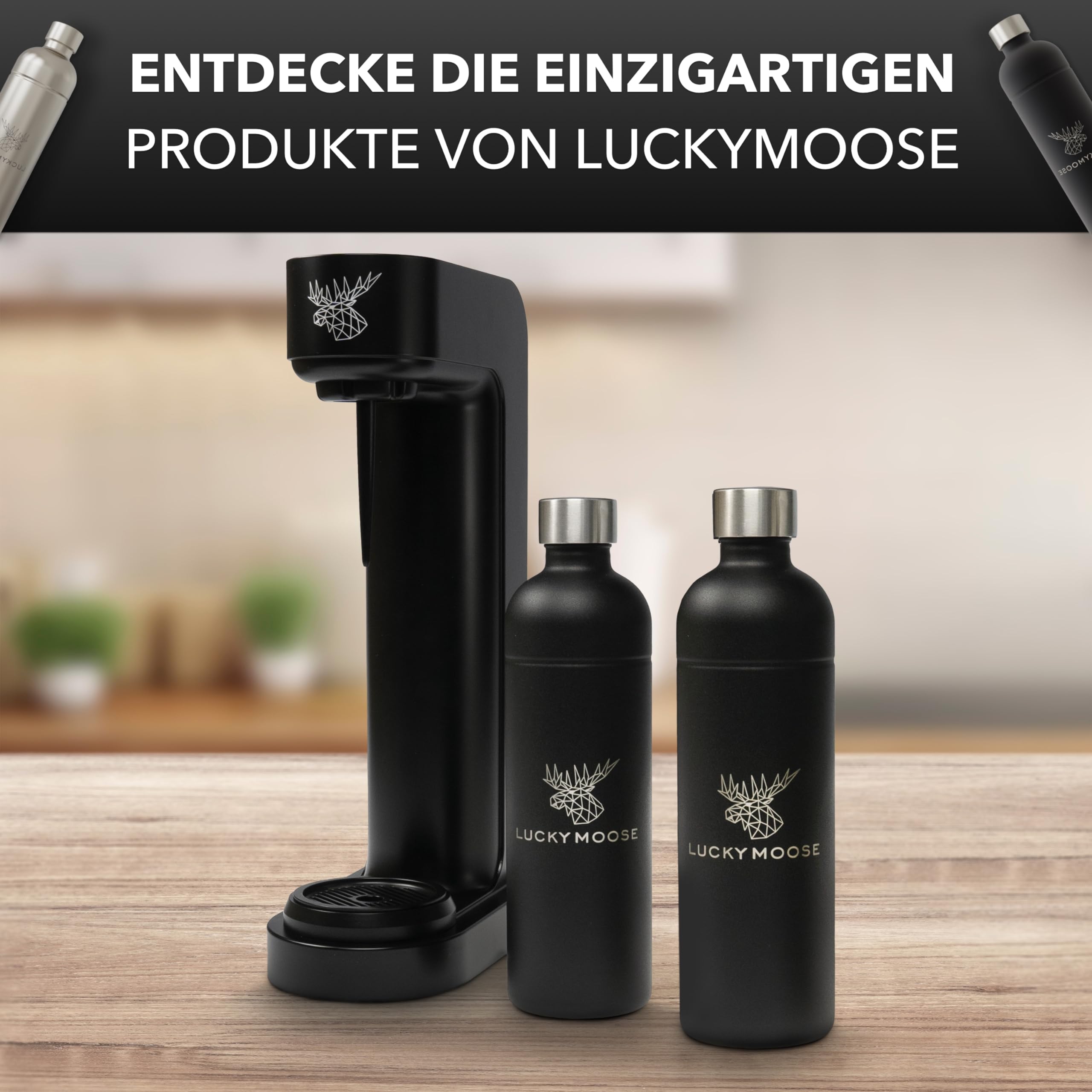 Luckymoose Infinity Wassersprudler mit 2x 1,25L langlebigen, spülmaschinenfesten Edelstahlflaschen – CO₂-sparende Sprudelwasser Maschine – Kompatibel mit den blauen 60l CO₂-Zylindern