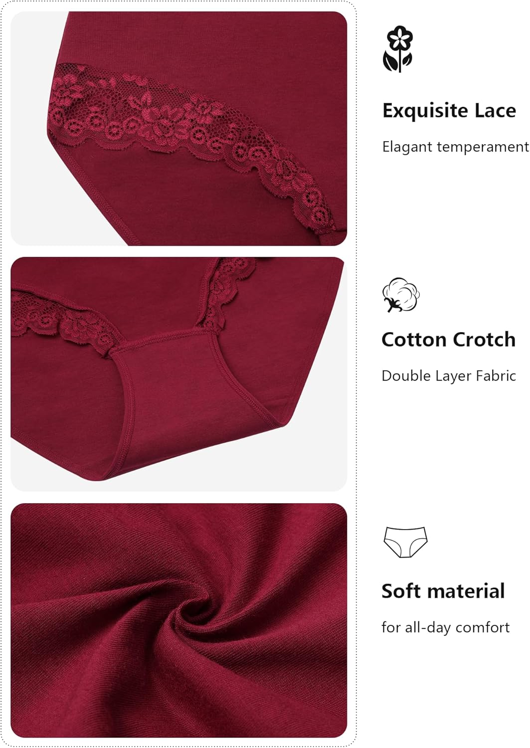 LEVAO Plus Size L-4XL Womens Underwear Cotton Cheeky Bikini Lace Hipster Panty Stretch Full Briefs 6 Pack - Image 3