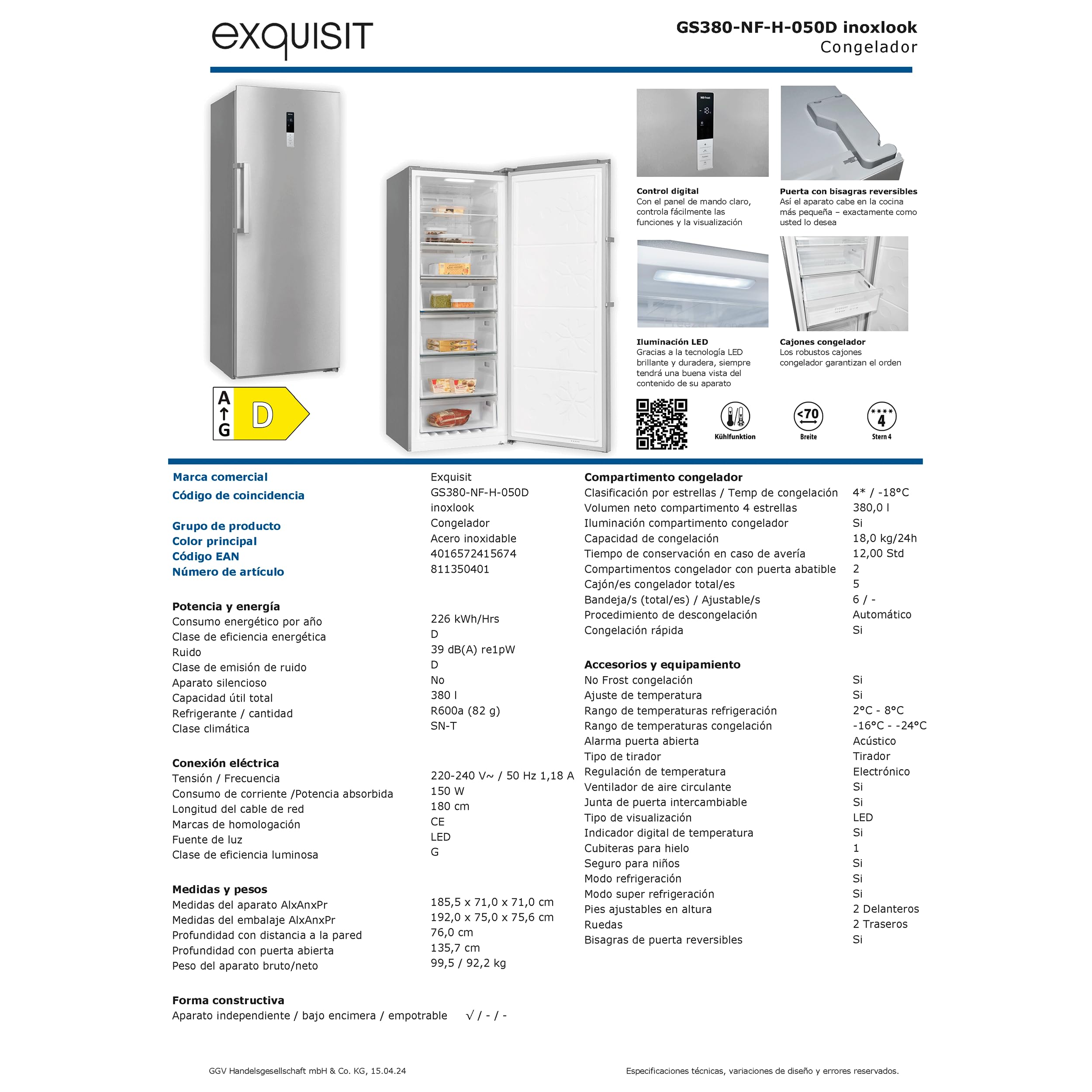 Exquisit® Congelador Vertical 380L No Frost Inoxlook Clase D Dual Digital | Control digital, congelación rápida, puerta reversible y medidas 185,5 x 71,0 x 71,0 cm