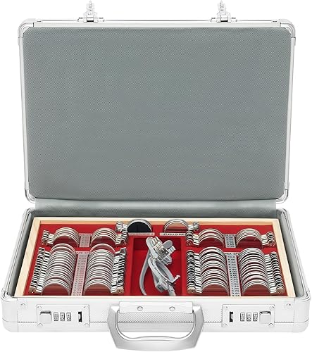 Juego de 104 lentes ópticas de prueba, marco de prueba de optometría de borde de metal con funda, kit de optometría de lente óptica precisa para