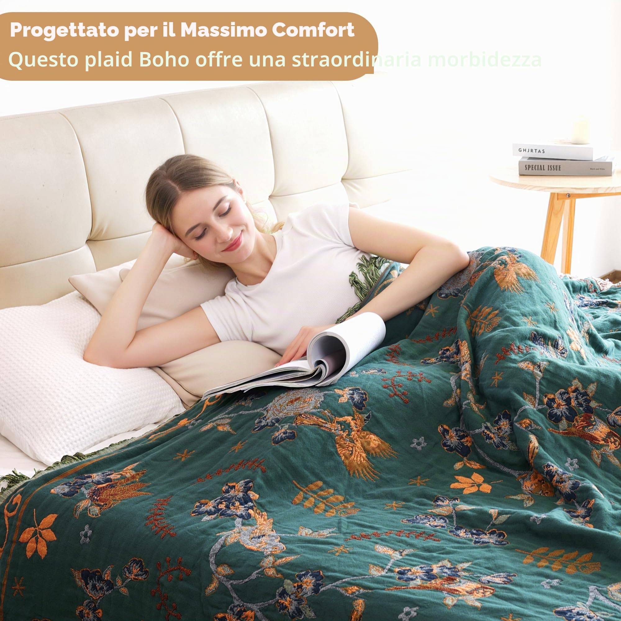 VANJOROY Coperta per Divano e Letto Grande in 100% Cotone Organico con Motivo Floreale di Uccelli - 130x150cm, Coperta Morbida Doppio Lato Stile Bohémien per Poltrona Singola a 2 Posti, Tappeto da