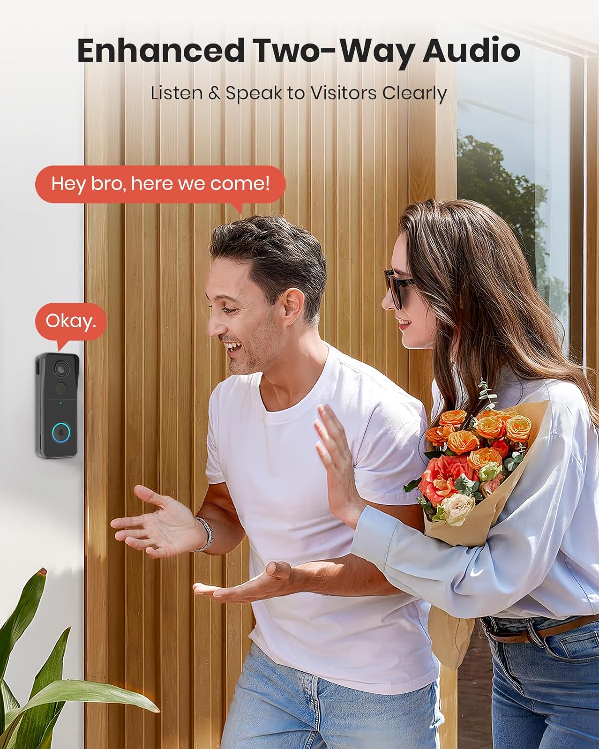 Image of a couple talking to someone through a doorbell camera with 'Enhanced Two-Way Audio' text