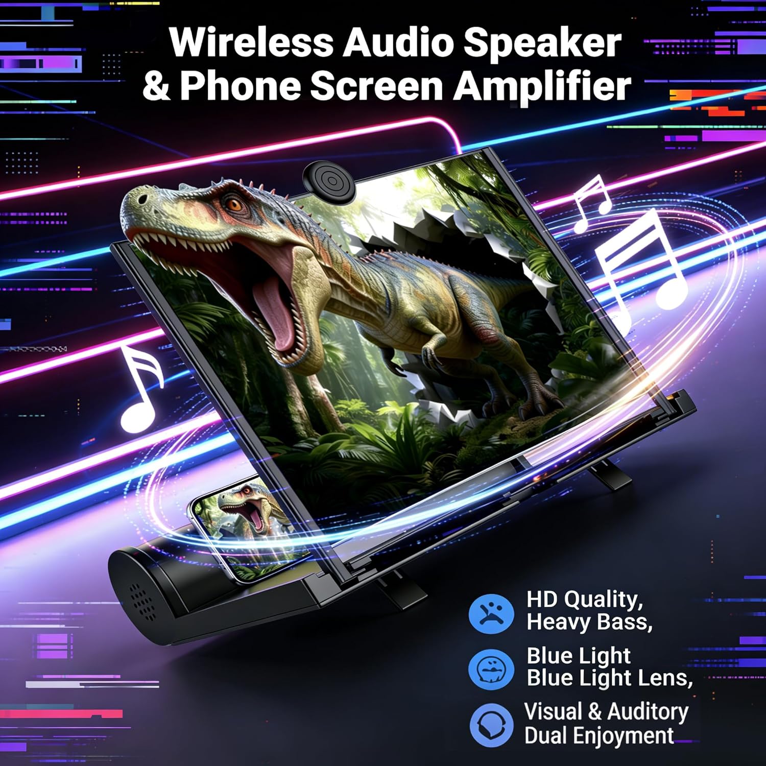 3D Phone Screen Magnifier with Speaker, HD Flat Screen Amplifier, Slide-Out Foldable Mobile Phone Stand, Universal Compatibility for All Smartphones, Movies, Gaming & Videos (Black, 12inch)