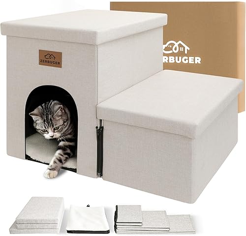 Dog Stairs, Dog Steps for High Beds, Foldable Pet Stairs for Small Dogs Puppy with Storage for Bed and Couch Hold Up to 150 lbs (Beige Gray, 2 Steps