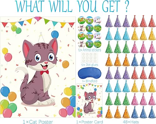 Miniatura 3 de Morcheiong Pin The Tail on The Cat - Juego de fiesta de cumpleaños con 48 sombreros, suministros de fiesta de cumpleaños con temática de gatos,