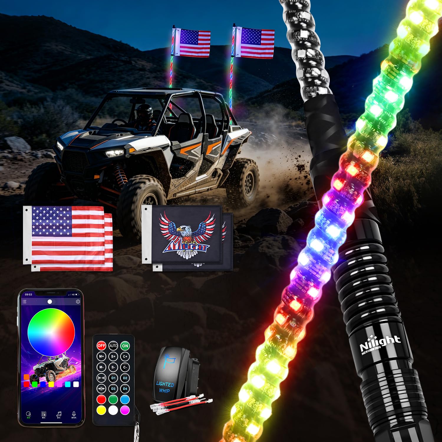Nilight RGB LED Whip Light 2PCS 6FT Spiral Antenna Whips