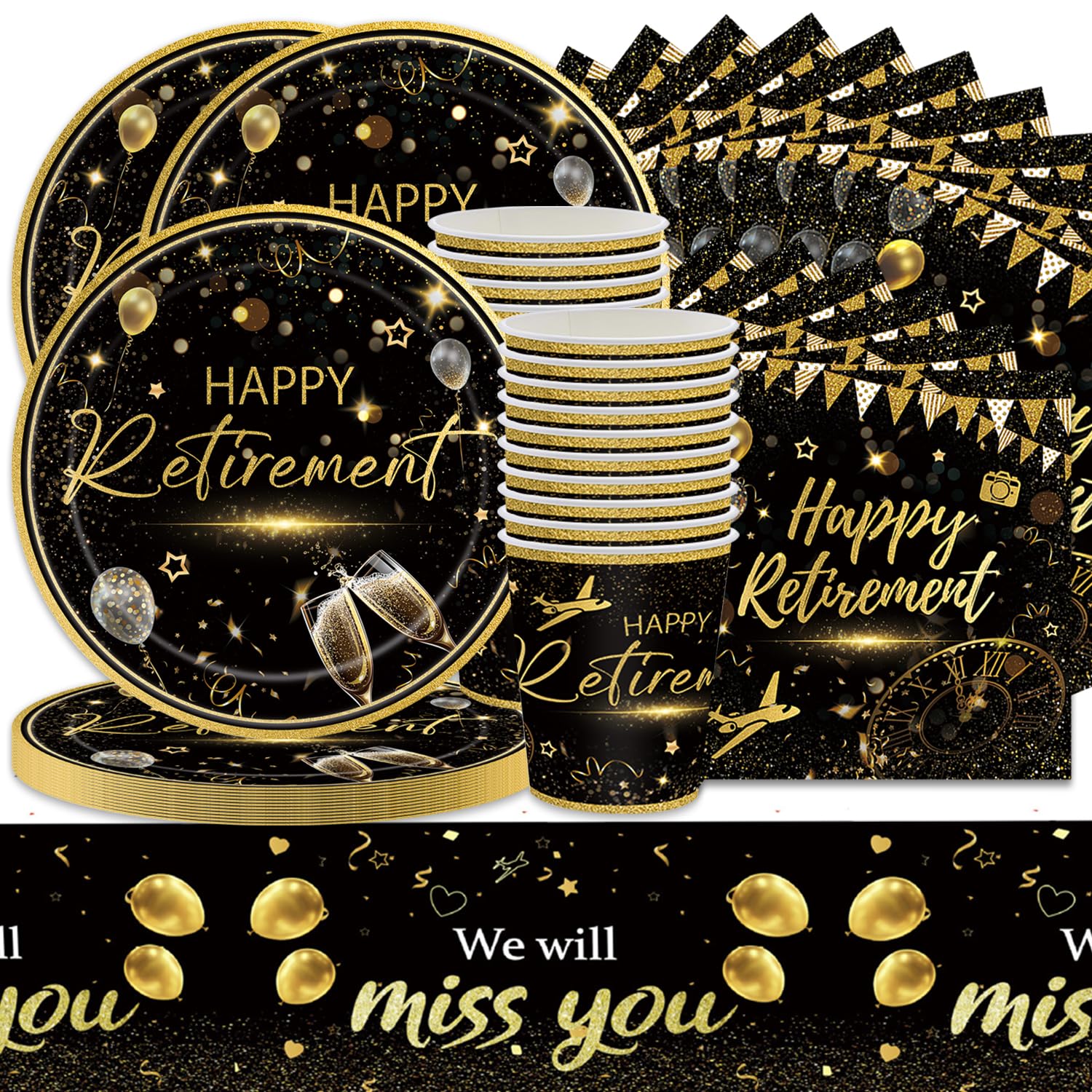 Set di 61 stoviglie per feste in pensione, decorazioni per feste di addio, accessori per decorazione per feste in oro, stoviglie in pensione per 20, Happy Farewell, piatti di carta broccato, tazze di