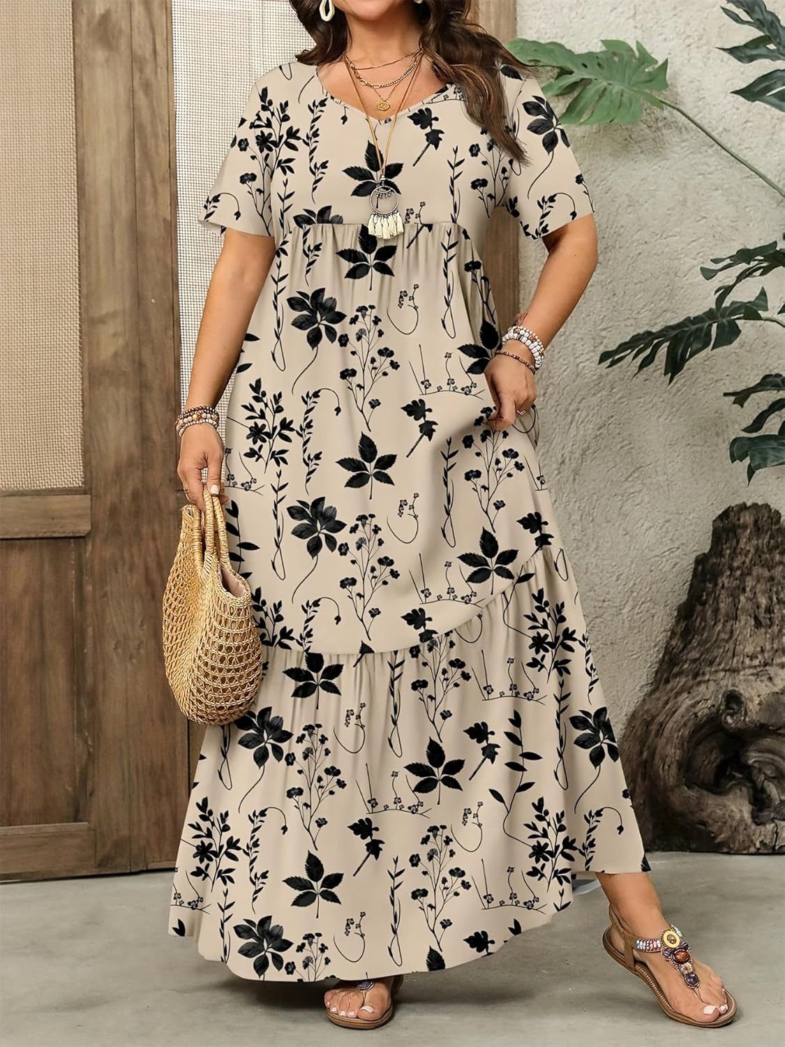 Women's Casual Plus Size V Neck Bodycon Dress Floral Boho Summer Wedding Guest Dresses