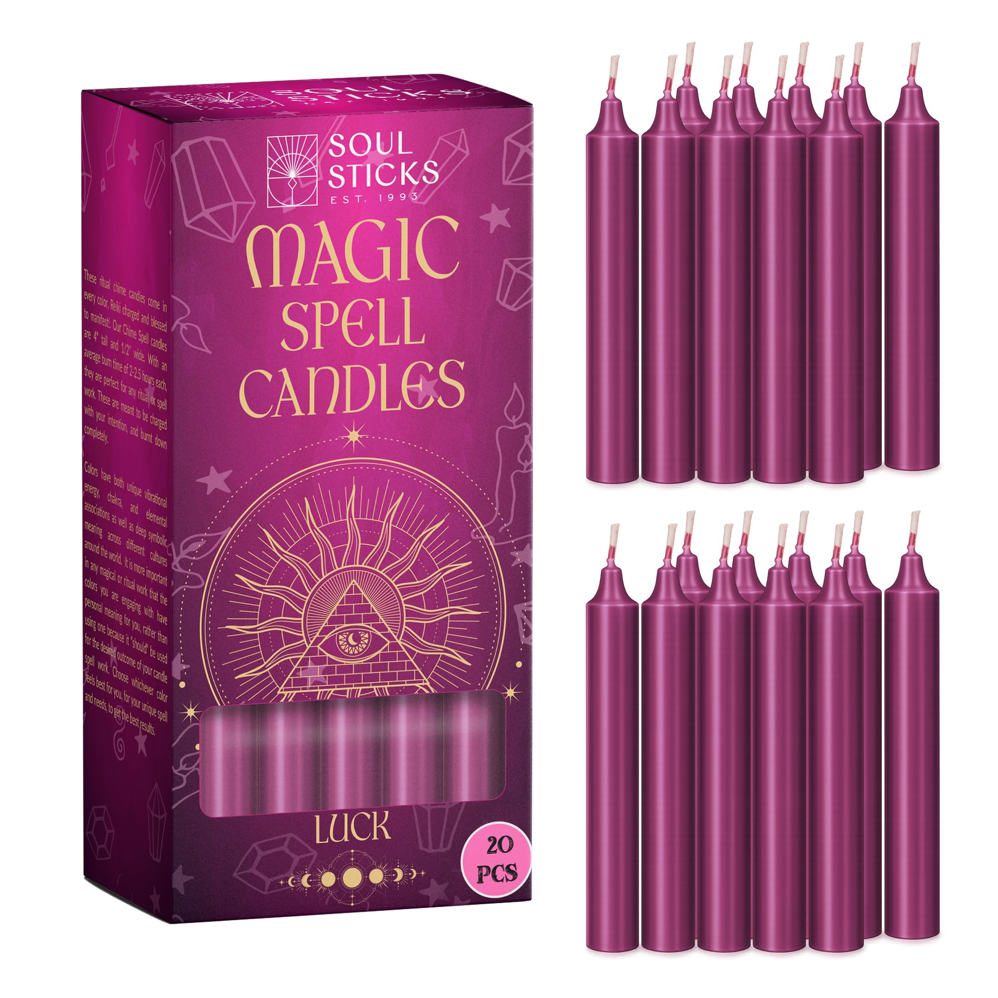 SOUL STICKS Luck Magic Spell Chime Taper Candles 20 Pack - Ideal for Altar, Rituals, Ceremonies, Meditation Pink Candle for Witchcraft Supplies, Wiccan Supplies, Candles Clearance