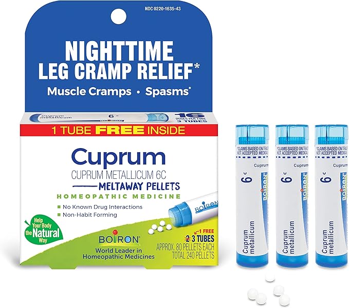 My Personal Guide to the Best Homeopathic Remedies for Leg Cramps 14 Boiron Cuprum Metallicum 6C Homeopathic Medicine for Nighttime Leg Cramp Relief, Muscle Cramps, and Spasms - 3 Count (240 Pellets)