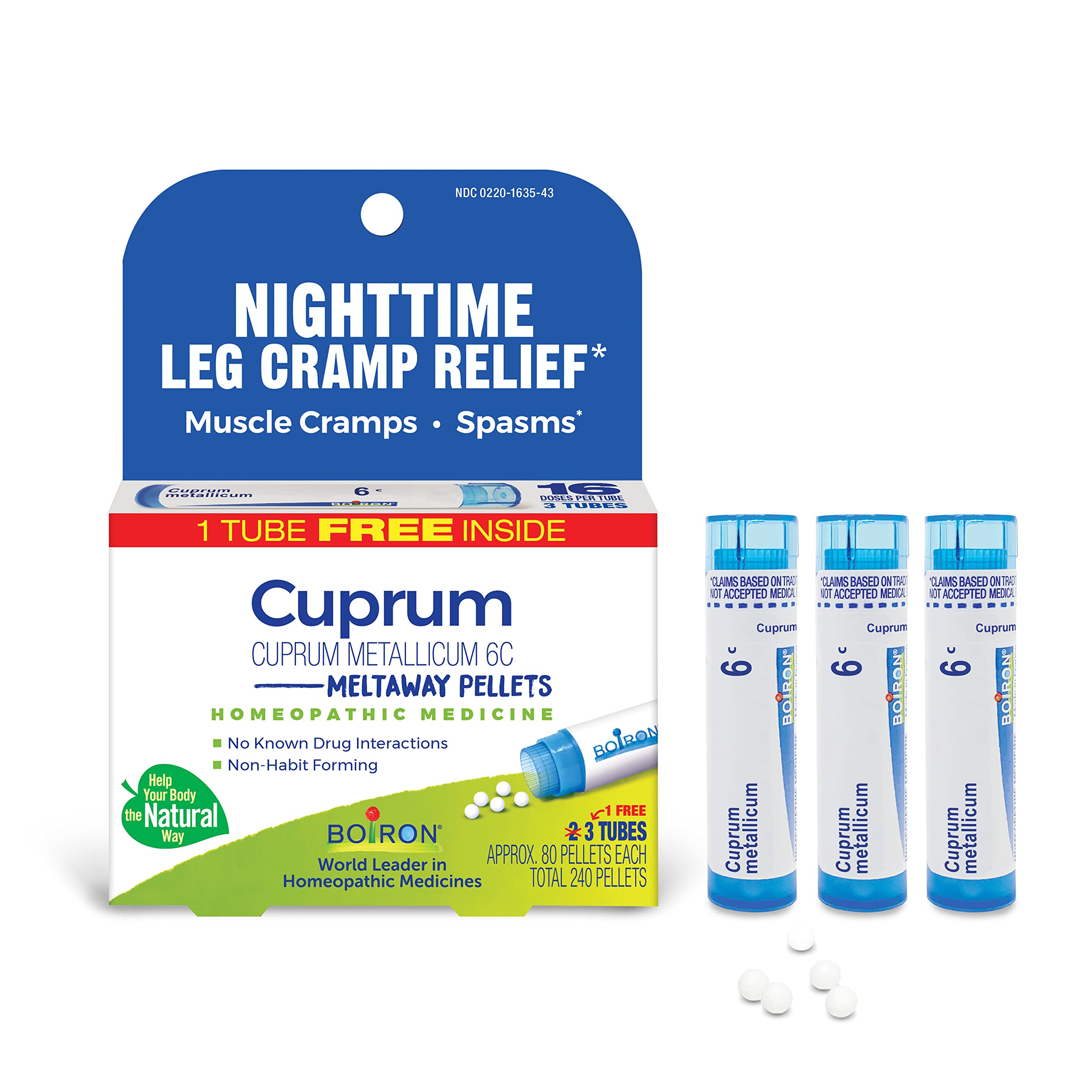 Boiron Cuprum Metallicum 6C Homeopathic Medicine for Nighttime Leg Cramp Relief, Muscle Cramps, and Spasms - 3 Count (240 Pellets)