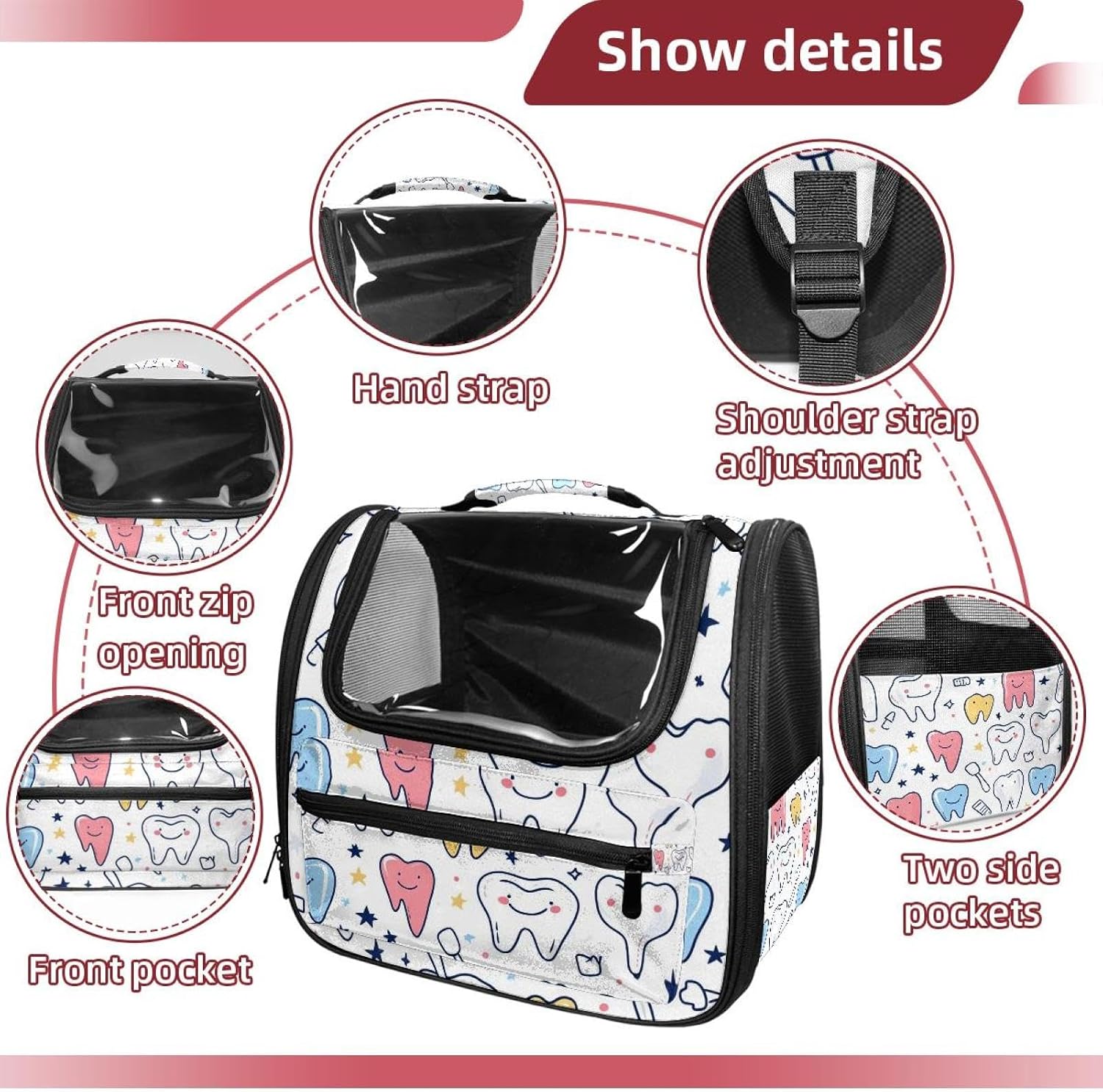Cute Teeth Pet Carrier Airline Approved Soft Sided Portable Cozy Travel Pet Bag, Car Seat Safe Carrier for Cats and Dogs