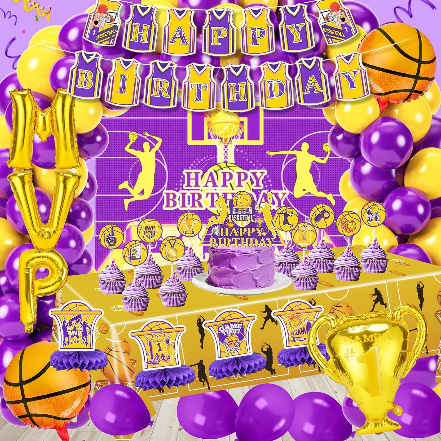 Basketball Party Decorations, 137PCS Basketball Birthday Party Decorations Purple and Yellow Balloons Arch Kit, Basket ball Theme Supplies Backdrop Tablecloth Banners Cake Toppers for Sports - Image 7