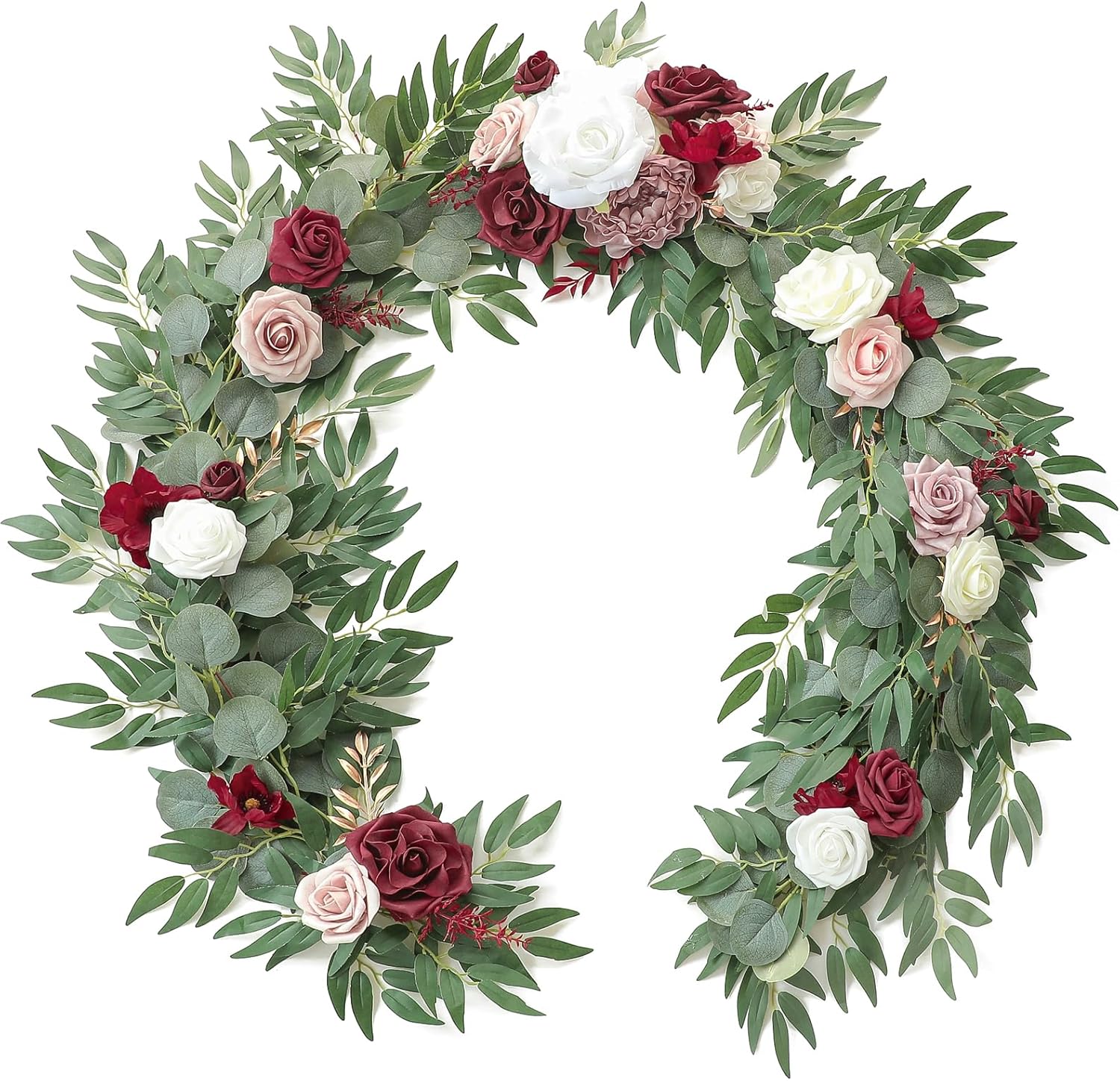Floroom 6ft Artificial Eucalyptus Garland with Flowers Fake Greenery Faux Floral Vine Garland for Table Decor Wedding Centerpieces Bridal Shower Party Decorations, Dark Red Burgundy Navy