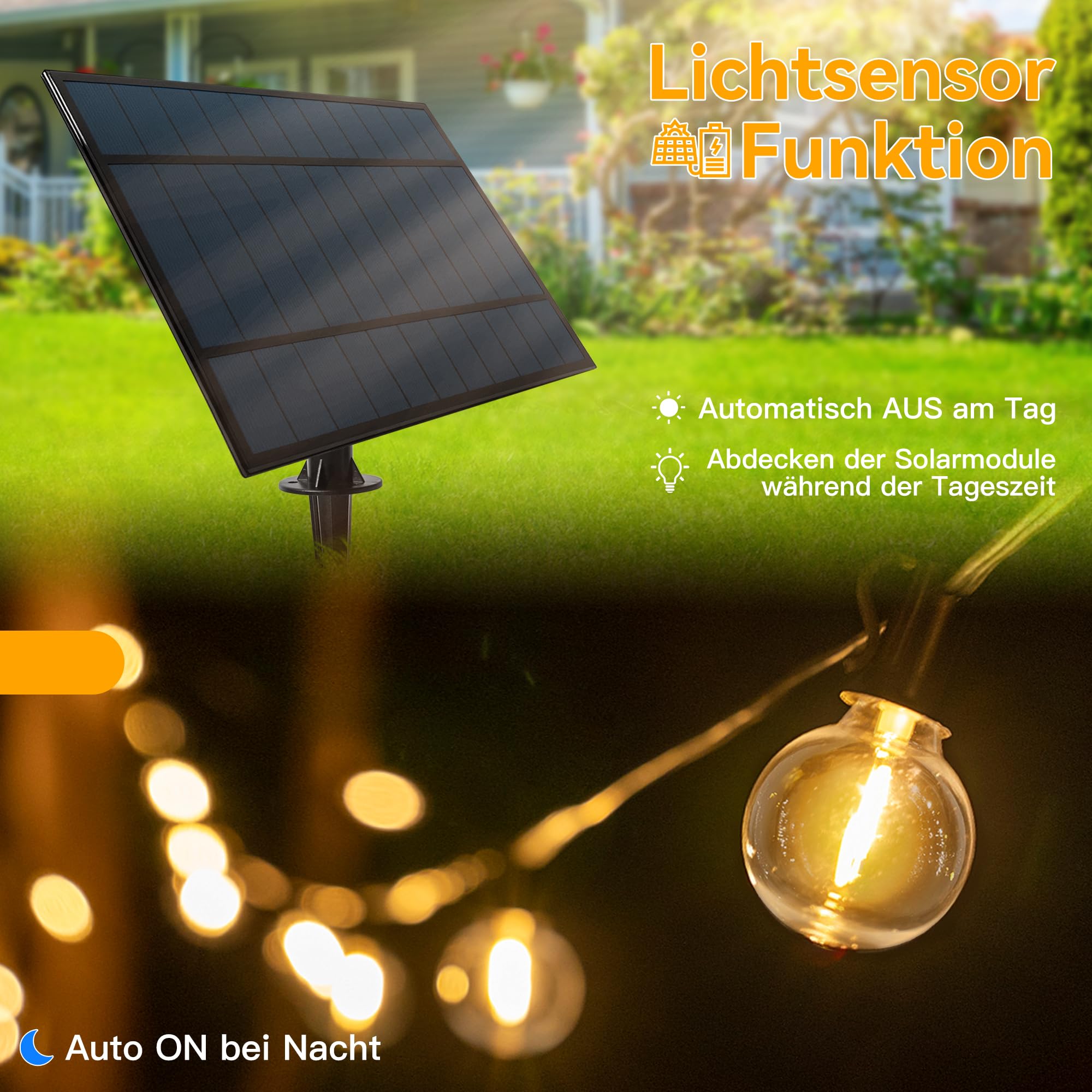 Guirnalda de luces solares para exteriores, 30 m, con 50 + 2 bombillas LED, G40, resistente a la intemperie, iluminación solar para jardín, balcón, mando a distancia, 3 modos de iluminación, función
