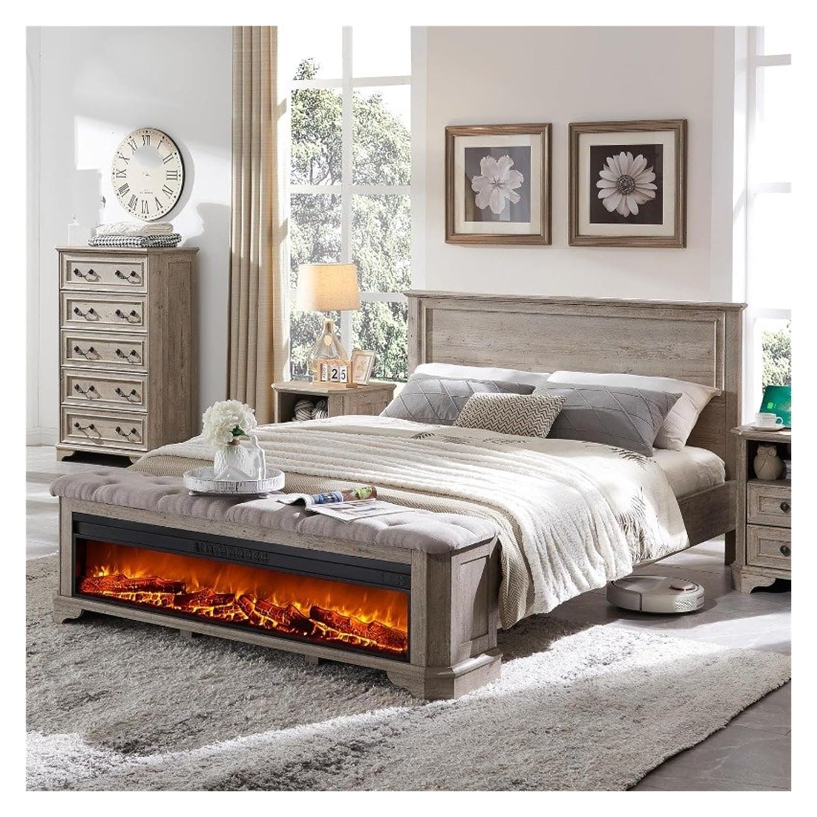 Farmhouse Queen Bed Frame with 54'' Electric Fireplace Heater 1500 Watt, Rustic Wood Platform Bed,beds, zqq-2574