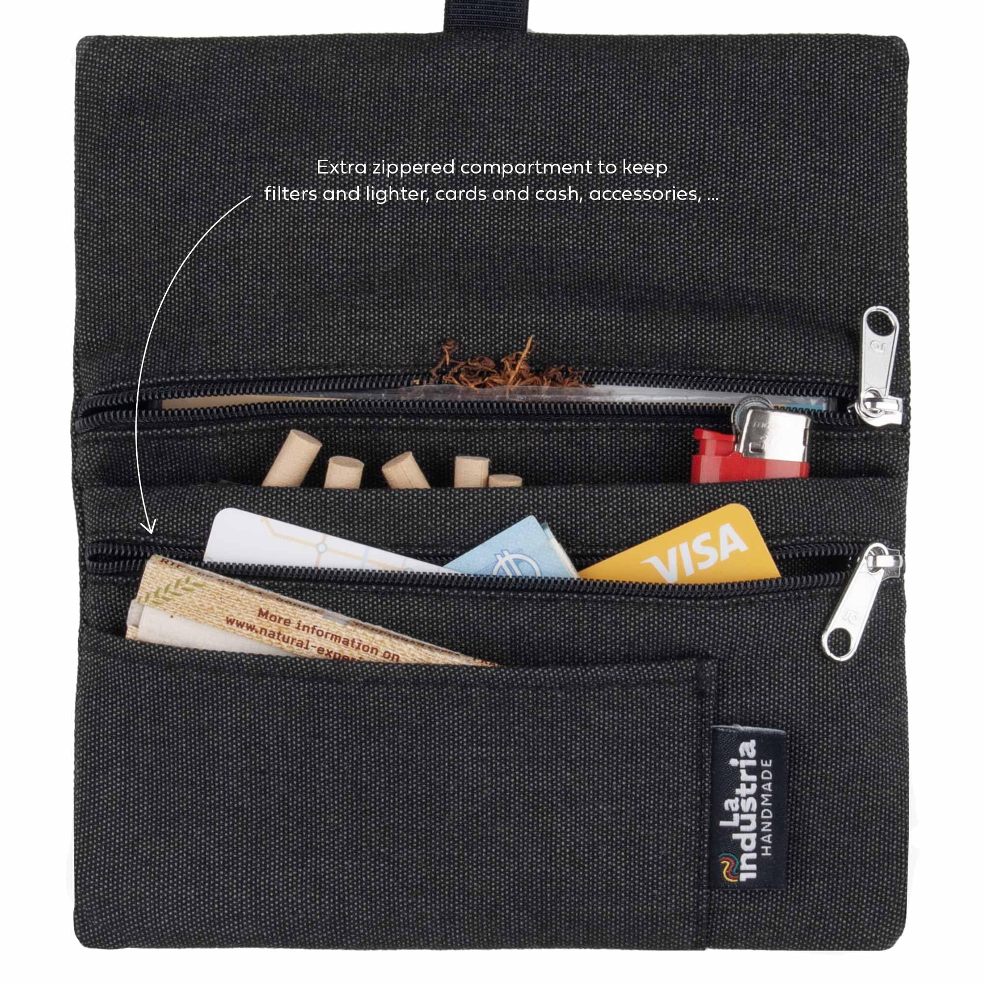 Tabaktasche für 30-50g 'Vulcano' - Wasserabweisender Tabakbeutel für Drehtabak mit Fächern für Filter, Blättchen und Feuerzeug (Schwarz)