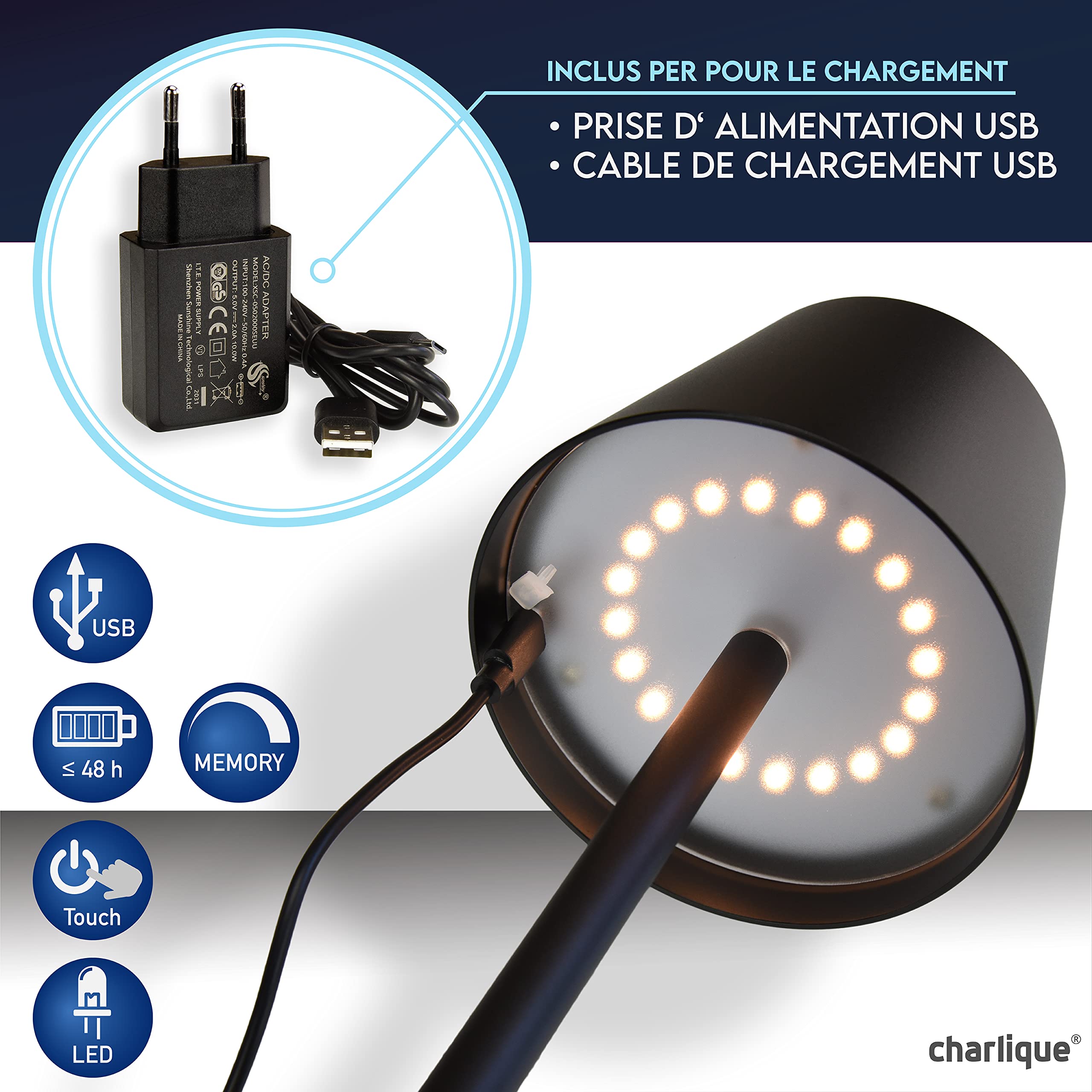 Lampe de table LED sans fil rechargeable dimmable blanc double pack avec USB batterie puissante portable intérieur extérieur