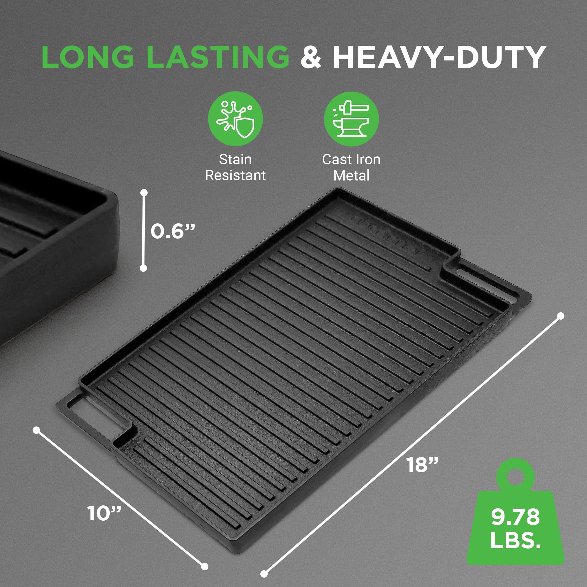 NutriChef Cast Iron Reversible Griddle 18x10 Inch – Pre-Seasoned Flat Top & Ridged Grill Side, Stove Top Griddle for Gas Grill, Outdoor & Indoor Cooking — Amazon image 3