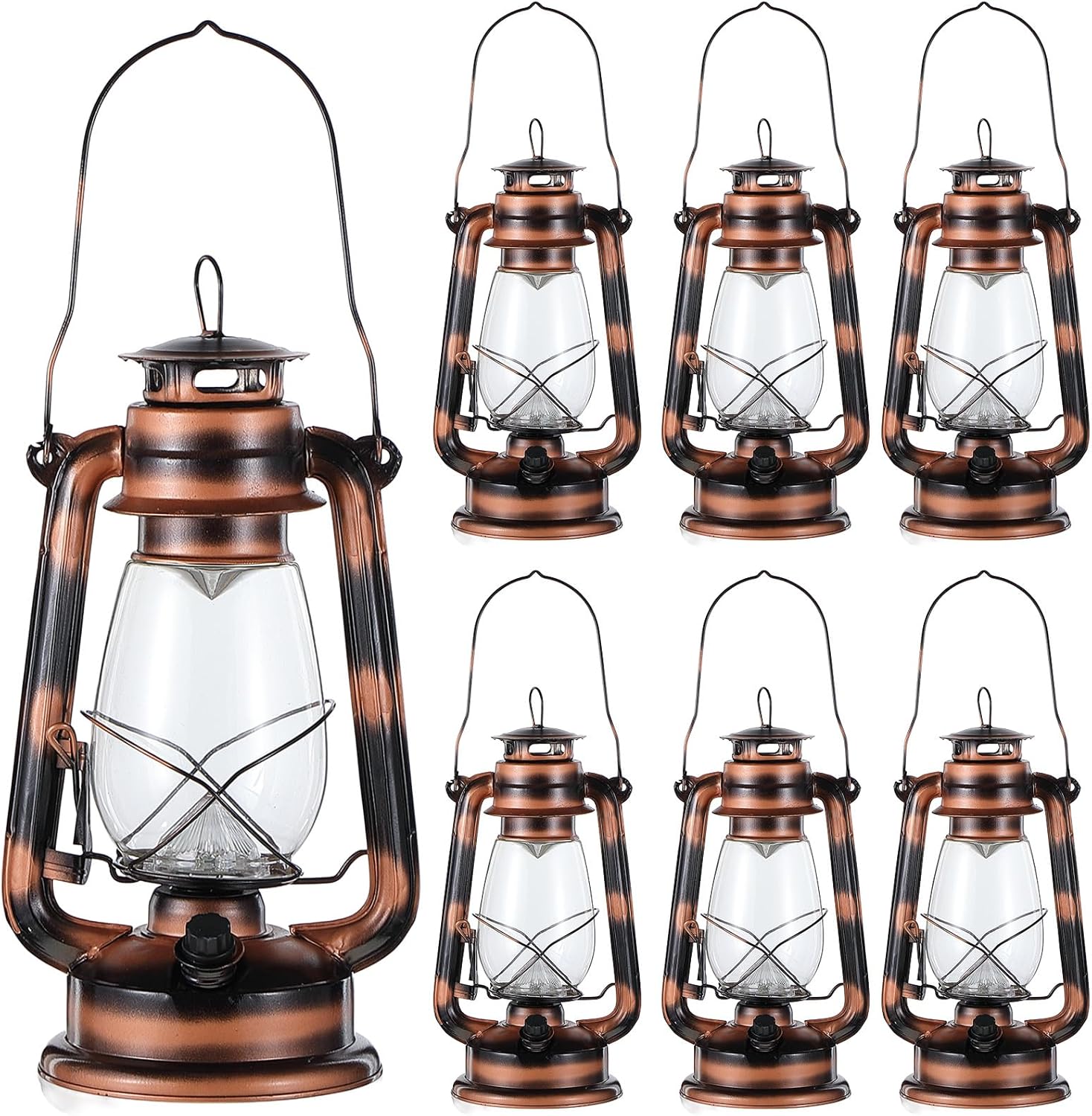 Hortsun 6 Pcs 12 Inch Vintage LED Hurricane Lantern Warm LEDs and Dimmer Switch Battery Operated Farmers Hanging Lantern for Indoor Outdoor Camping Usage Decor