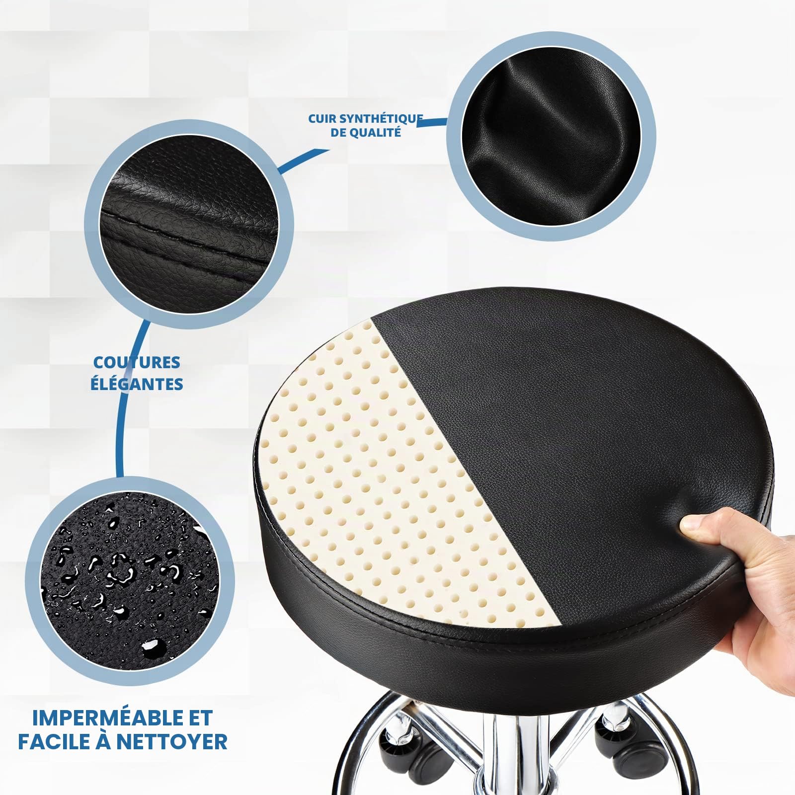 Tabouret réglable à roulettes Rond pour Spa, Salon, Massage, Bureau (Noir)