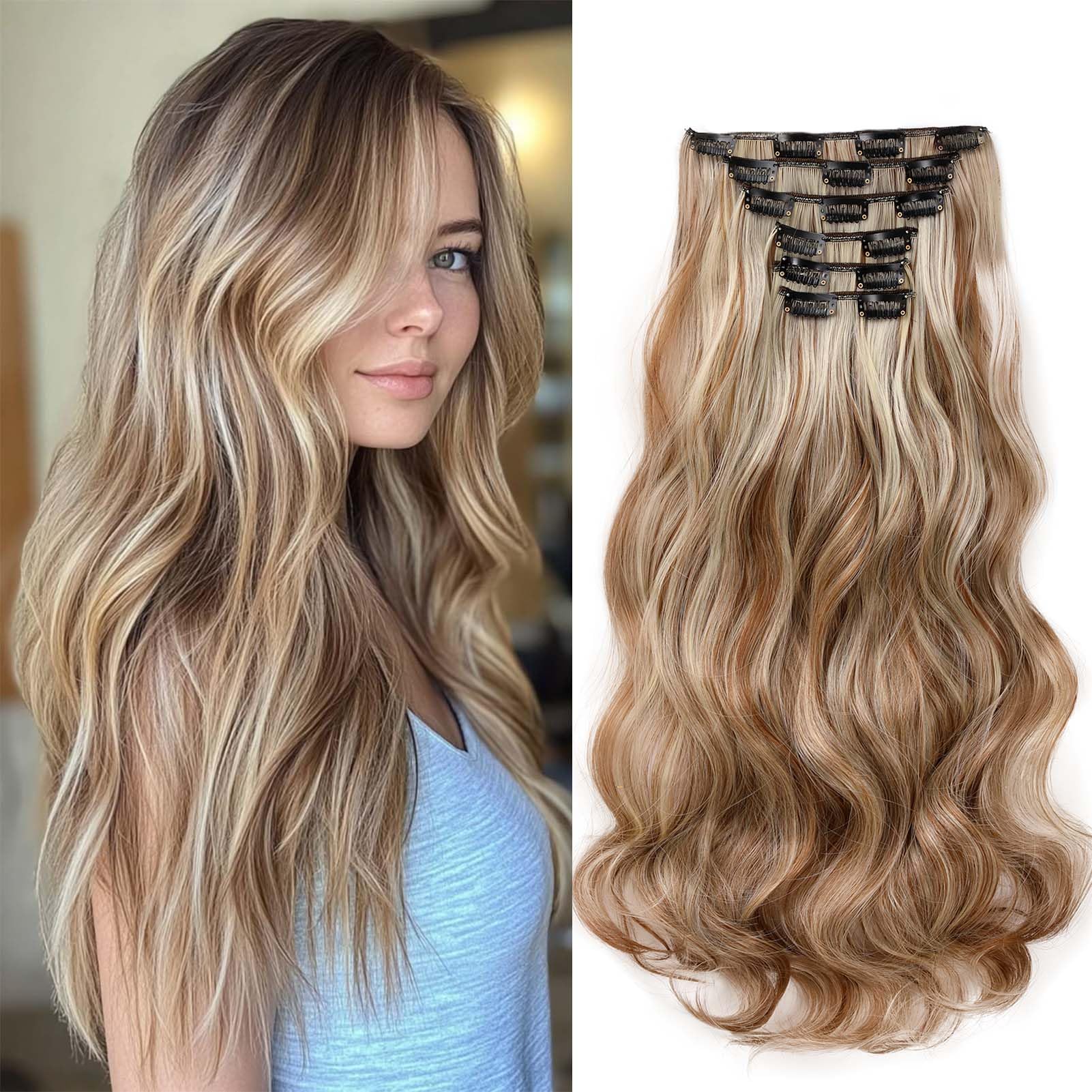 Gairyan Extension Capelli a Clip Ricci 6PCS 52cm Posticci per Capelli Finti Extension con Clip Capelli Naturali Sintetici Clip in Hair Extensions Ondulati Lungo Mossi, Marrone & Biondo chiaro