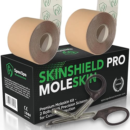 Moleskin atlético para prevención de ampollas, paquete de 2 rollos SkinShield Pro (32 pies) más tijeras de trauma de corte, para cortar Moleskin