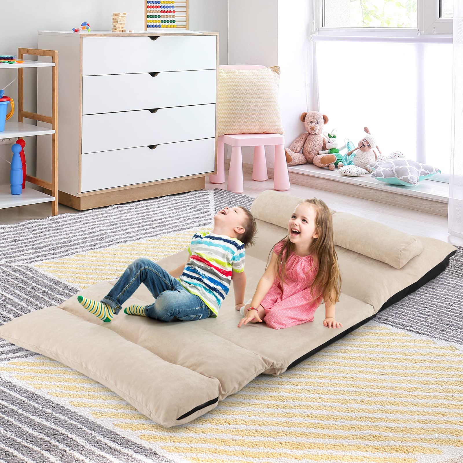 COSTWAY Divano da Terra Pieghevole, Divano Letto 2 Posti con Schienale Regolabile, Divano da Pavimento Trasformabile con 2 Cuscini per Camera da Letto Salone Balcone (Beige)