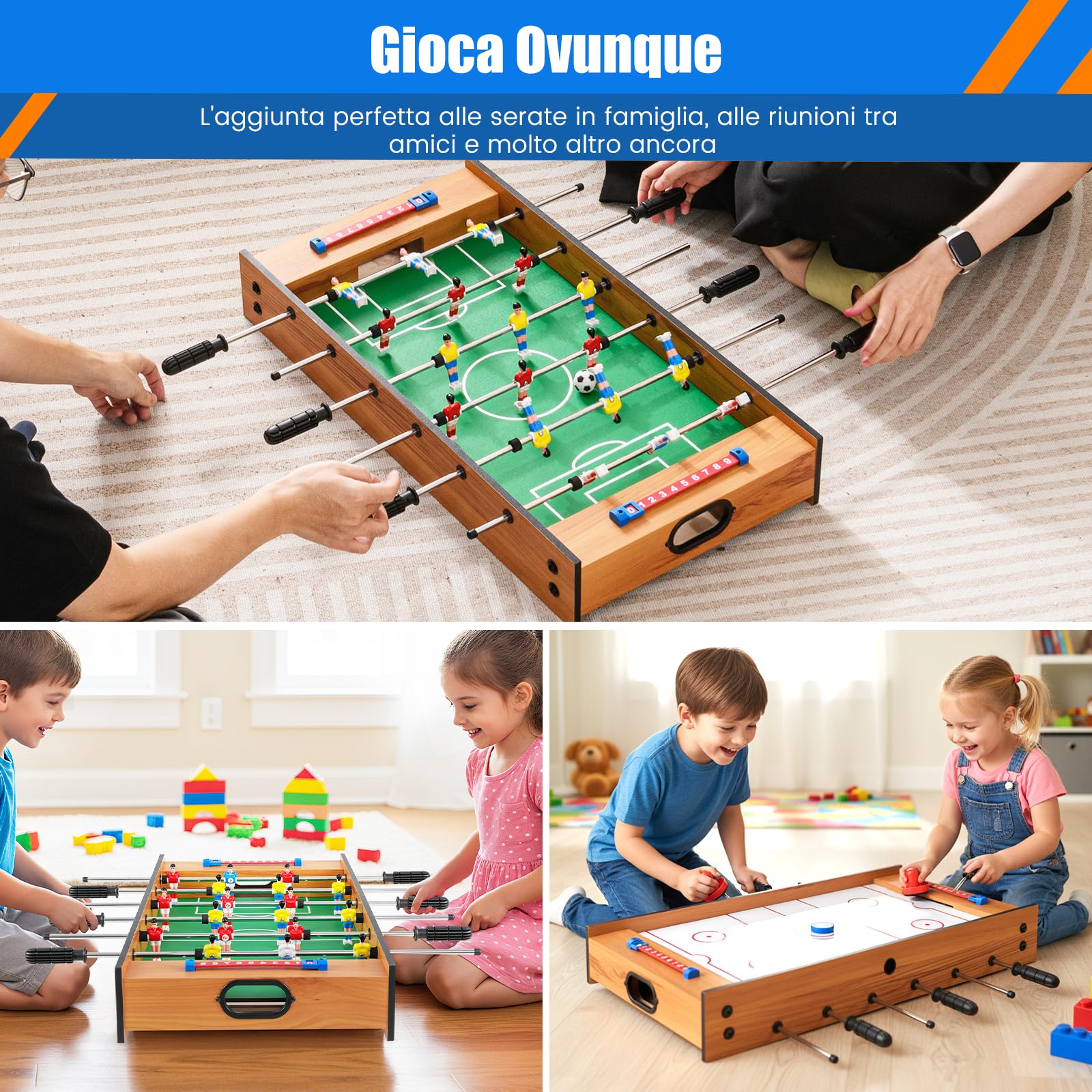 COSTWAY 2 in 1 Calcio Balilla in Legno, Calcetto da Tavolo e Hockey da Tavolo con 6 Aste, con 2 Segnapunti, Biliardino per Bambini e Adulti da Casa, 69 x 36 x 10 cm