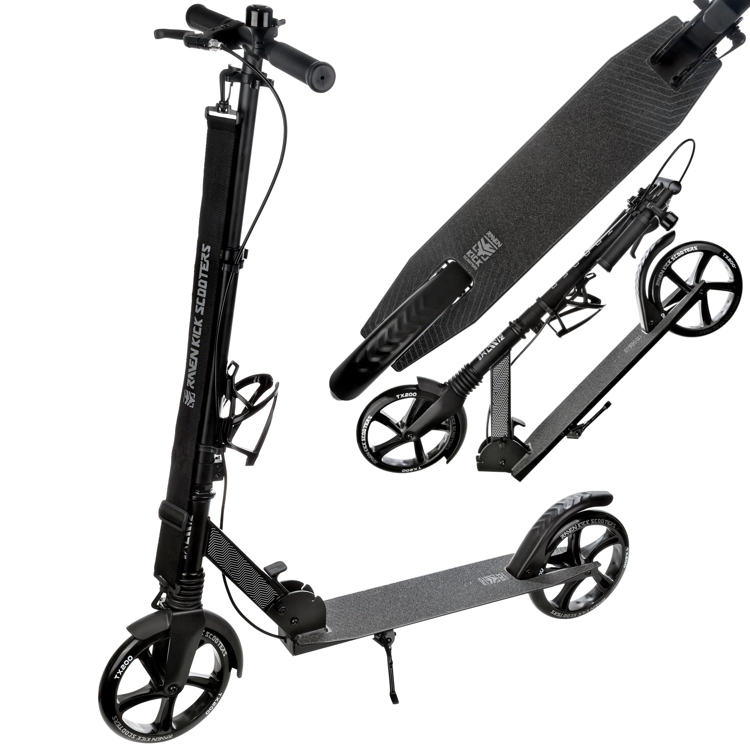 Raven Scooter Roller Tretroller Kickscooter für Kinder Erwachsene |klappbar | höhenverstellbar | Tragegurt | Klingel | Flaschenhalter (Trader mit Handbremse, 200mm)