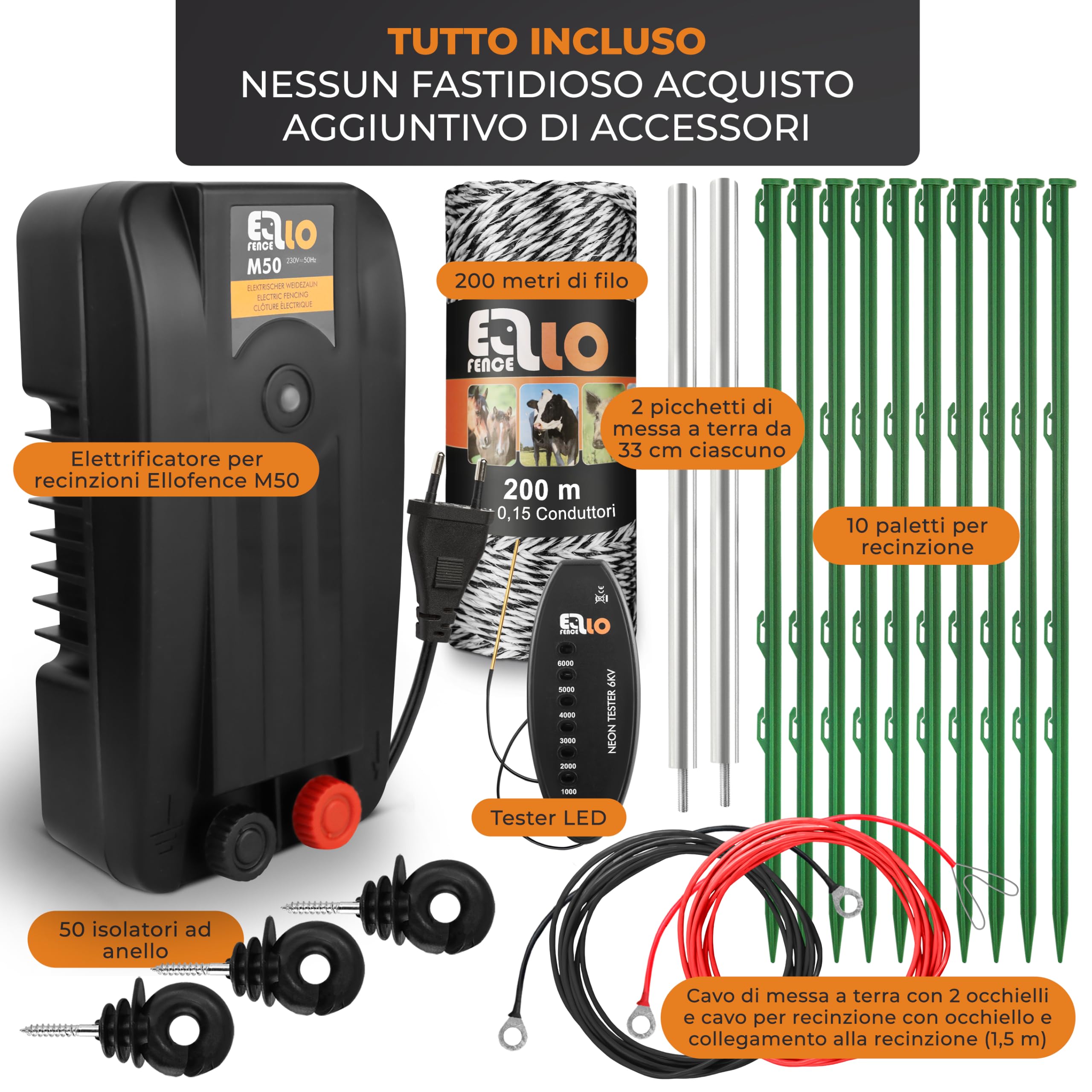 Kit completo per recinto elettrico 200m | Con filo, tester LED e pali | Con elettrificatore, 200m di filo, tester LED, pali e messa a terra | Ideale per piccoli animali