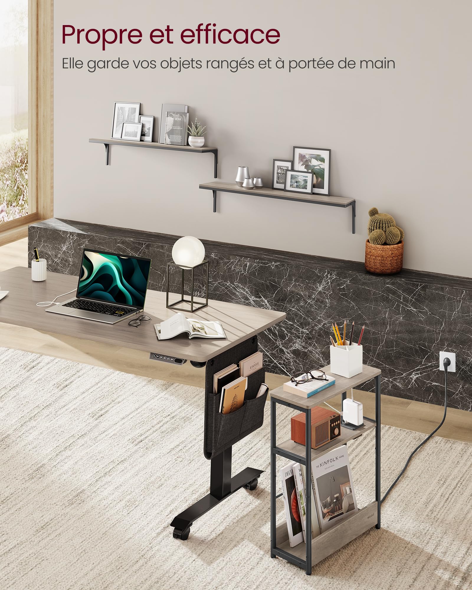 VASAGLE Table d’Appoint Fine avec Multiprise, Table de Chevet à 3 Niveaux, Bout de Canapé, pour Petits Espaces, Porte-Magazines, Salon, Chambre, Bureau, Grège Chiné et Noir d'encre LET335K05
