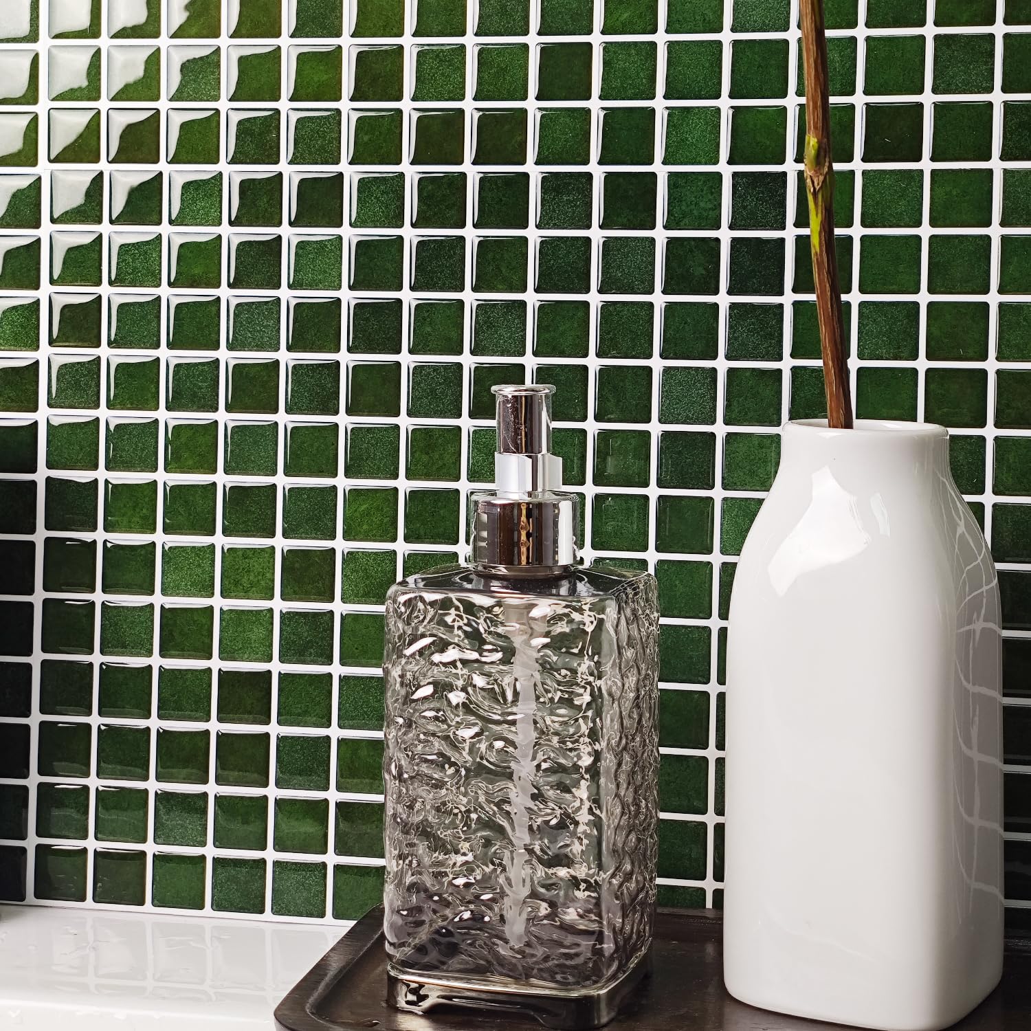 Alwayspon Piastrelle adesive da parete in vinile 3D a mosaico, 25,4 x 25,4 cm, impermeabili, autoadesive, paraspruzzi, per cucina, bagno, parete, verde retrò, 10 pezzi