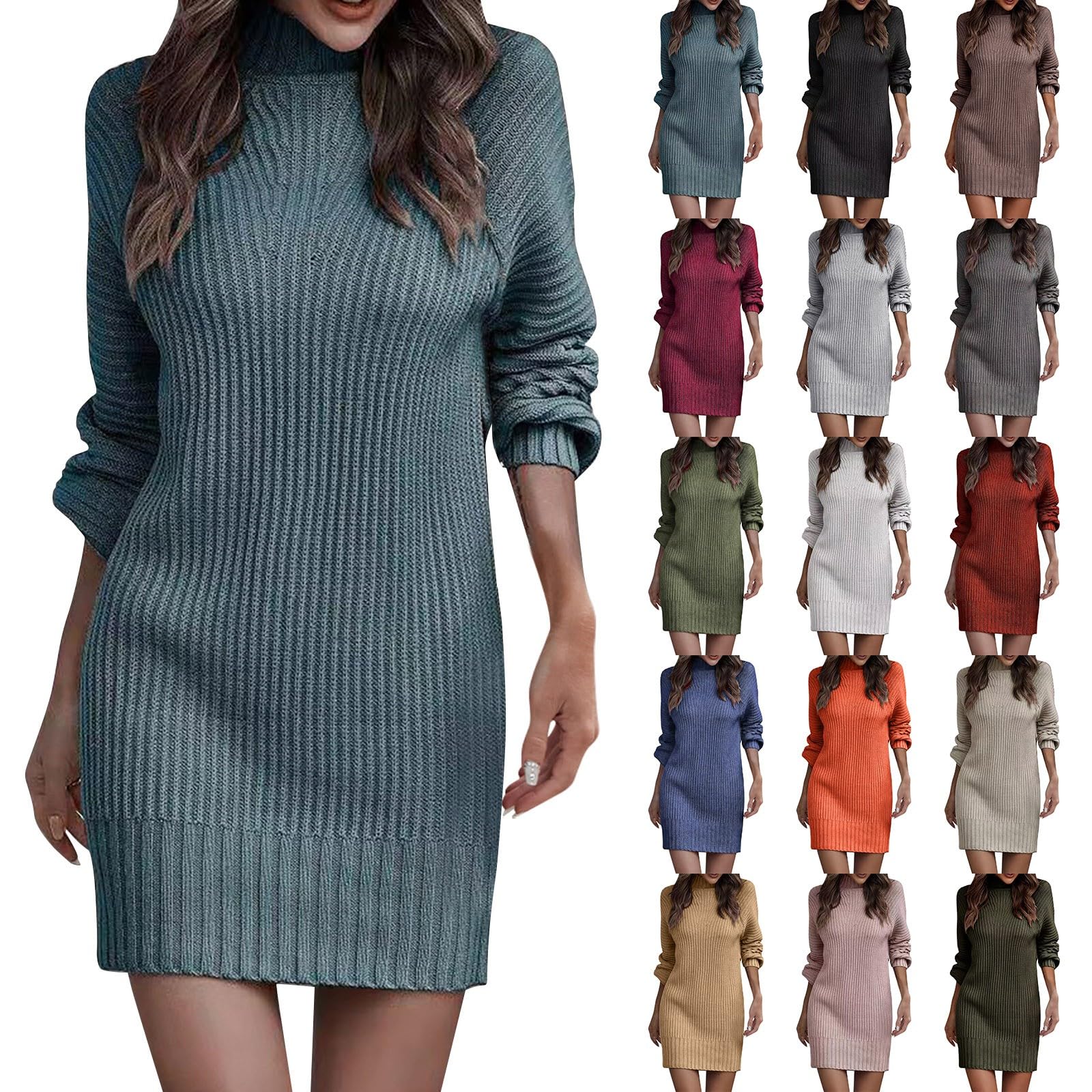 Kleid Langarm Damen Winter Langarm Strickkleid Bodycon Knitted Midikleid Einfarbig Freizeitkleid Rollkragen Langärmliges Pulloverkleid Elegant Winterkleid Lässige Tunikakleid