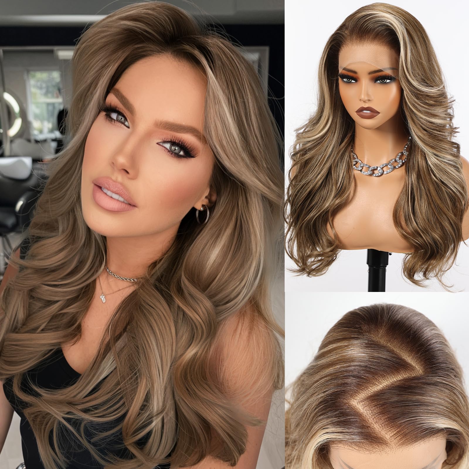 HAIRCUBE 13x6 HD Synthetic Lace Front Wig, 24 Inch Brown Highlight Long Curly Layered Wigs, Natural Density Hairline Glueless Wigs for Women Daily Use 13x6 Lace