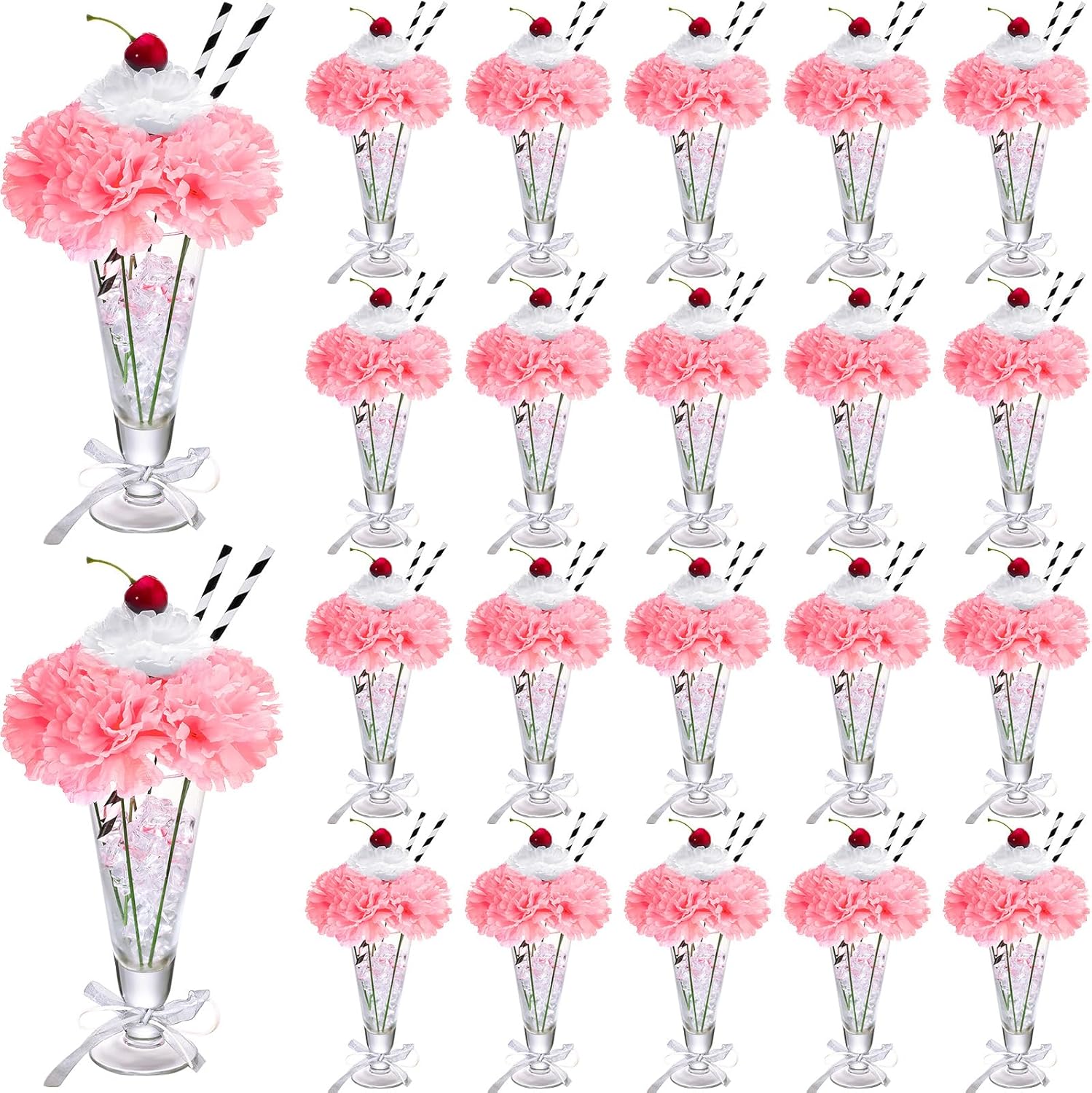 WILLBOND 20 Sets Pink Carnations Artificial Flowers, 50's Theme Party Decorations Include White Pink Carnation Lifelike Cherries and Paper Straws for Sock Hop Rock and Roll Grease Party Decorations 190