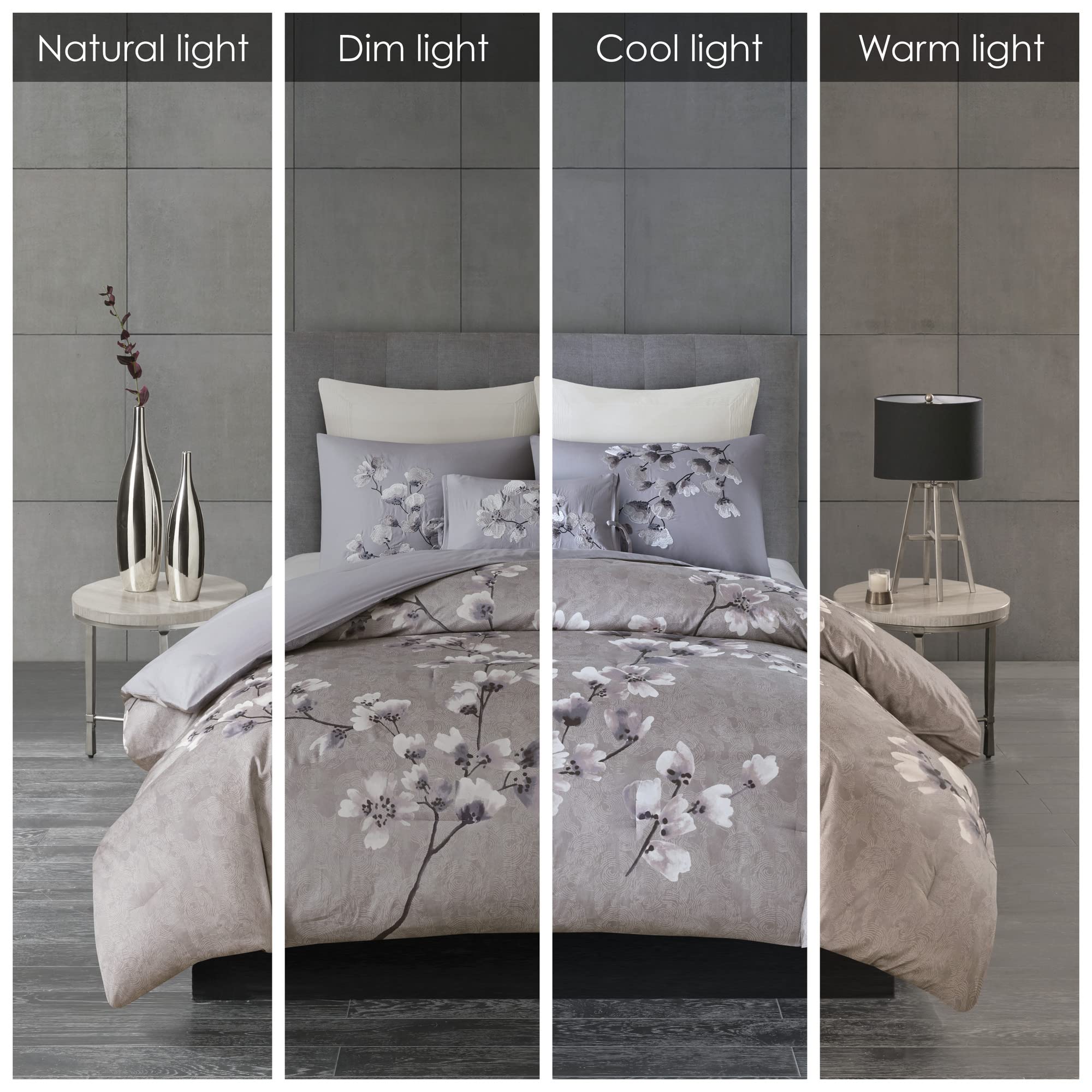 N Natori Sakura Cotton Comforter Reversible Solid Cherry-Blossom Flower Floral Print Embroidered Pillow Soft Down Alternative All Season Bedding-Set, Full/Queen(92