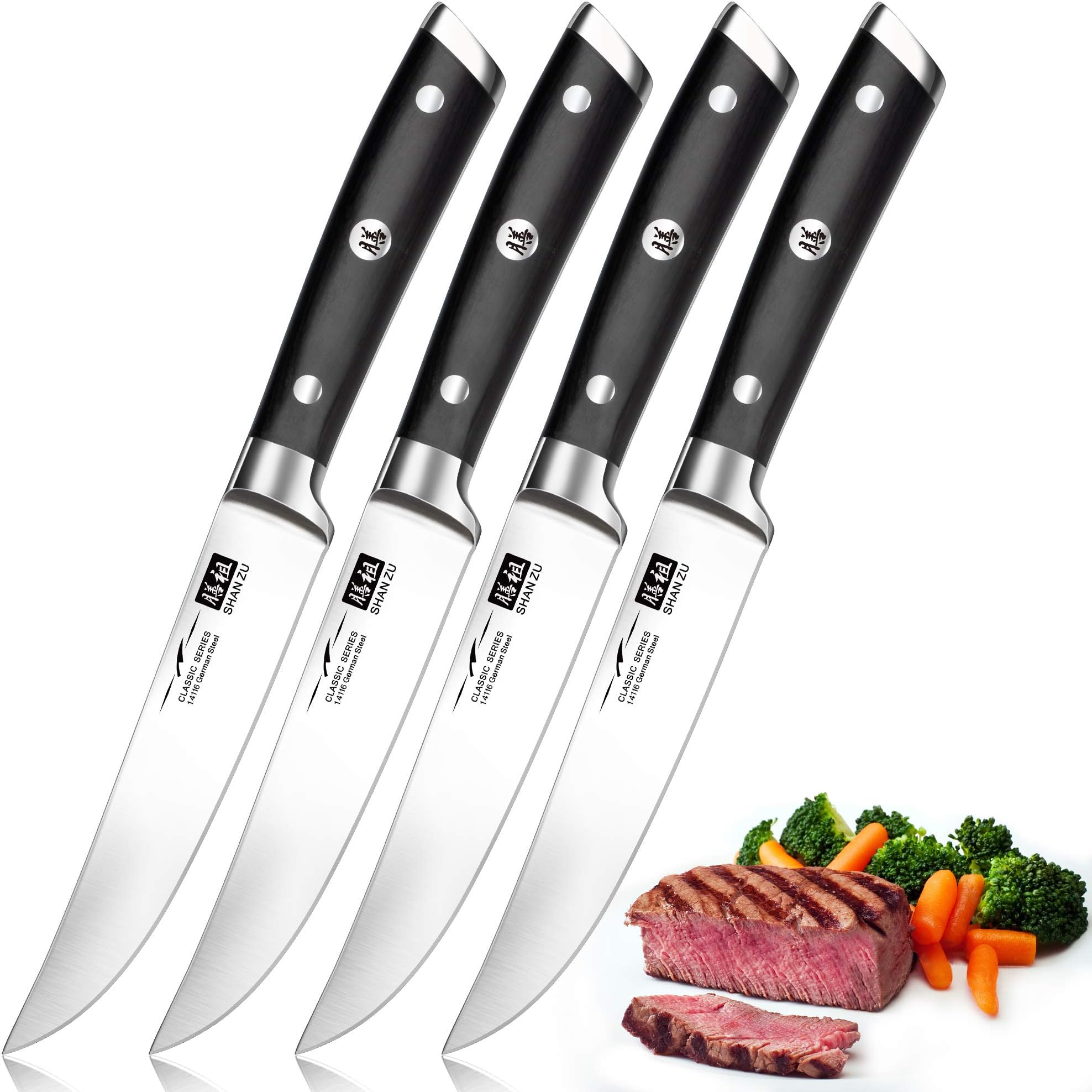 SHAN ZU Japanese Steak Knives Set of 4, High Carbon Super Sharp German Stainless Steel Knives with 15° Double Sides Edge & Ergonomic Pakkawood Handle